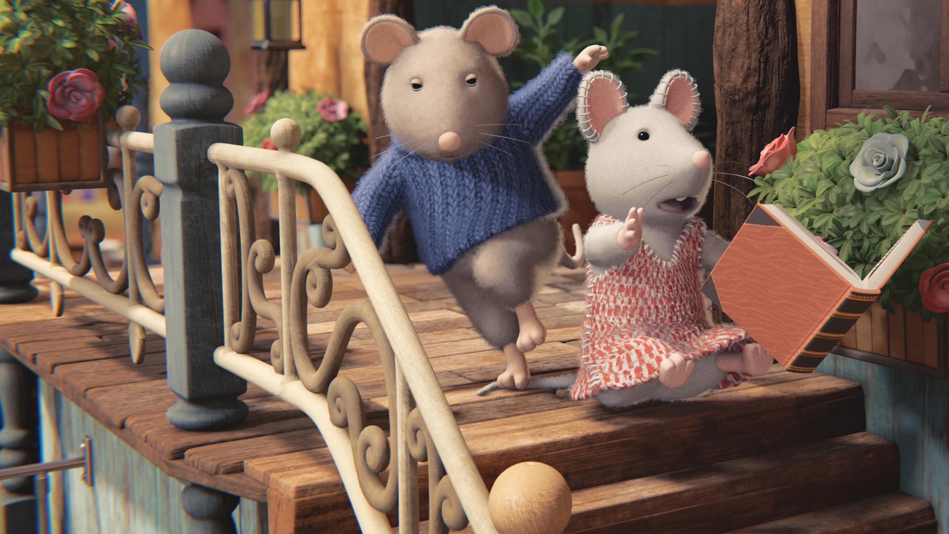  Julia sitzt auf der obersten Treppenstufe der Eingangstreppe des Mäusehauses. Hinter ihr ist Sam auf ihren Schwanz getreten, so dass Julia vor Schreck das Buch aus der Hand gerutscht ist und sich gerade im freien Fall befindet.  Julia schaut erschrocken, Sam sieht verwundert aus. Ein helles Geländer befindet sich auf der Seite der Treppe. Blumenkästen hängen am Geländer und neben dem Hauseingang.