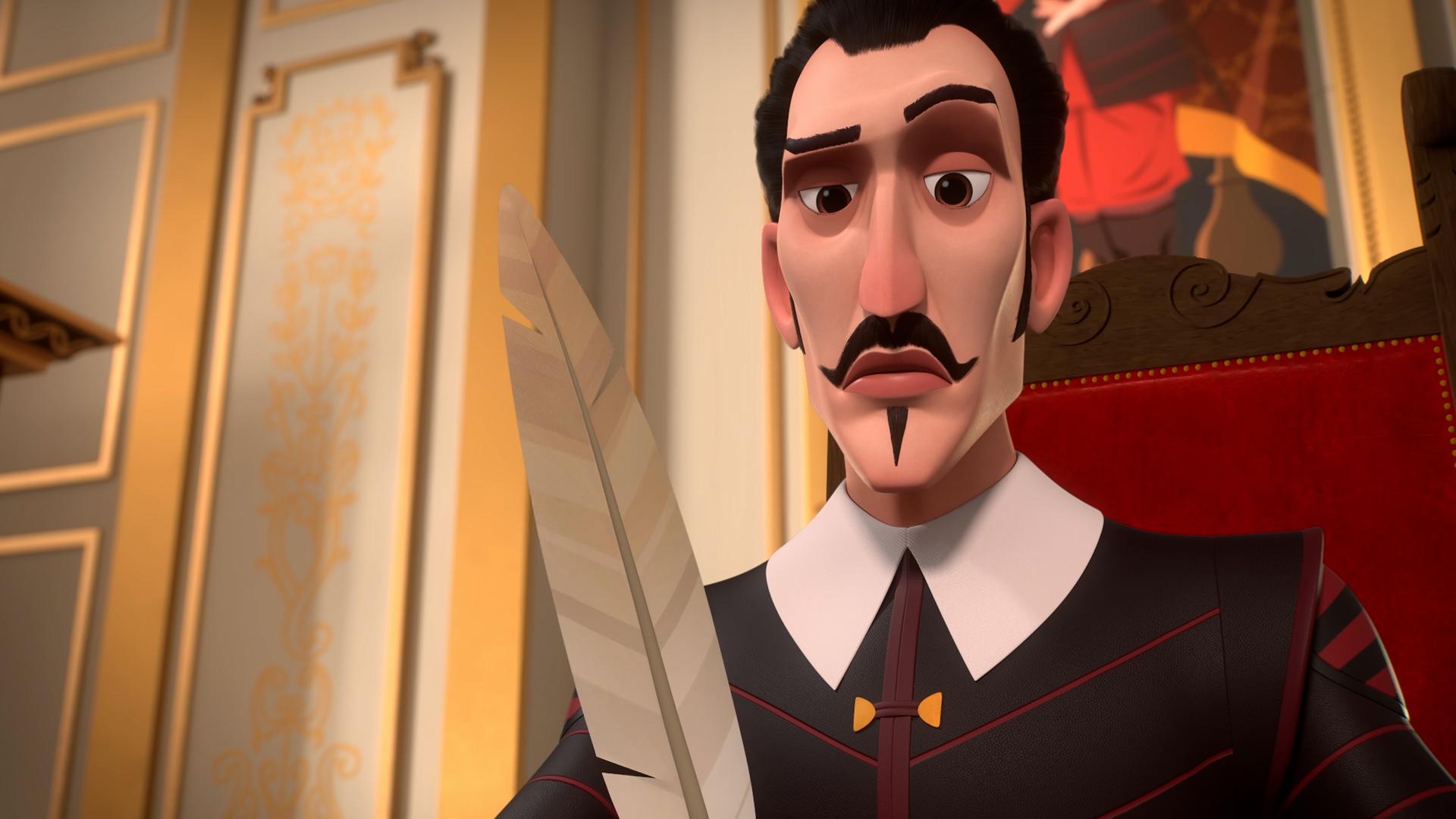 Richelieu sitzt an seinem Schreibtisch, eine Feder in der Hand und eine Augenbraue hochgezogen. Im Hintergrund ein prunkvolles Zimmer und ein Bild an der Wand.