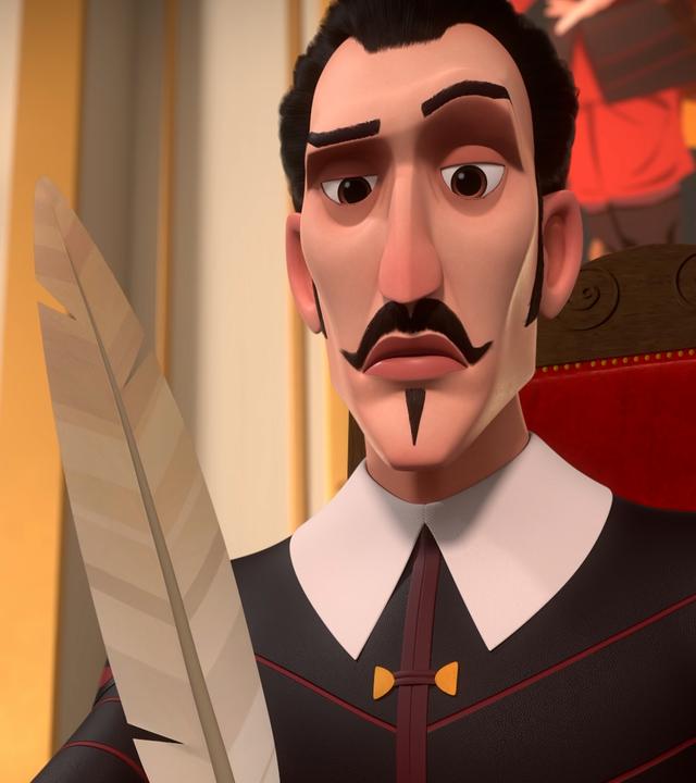 Richelieu sitzt an seinem Schreibtisch, eine Feder in der Hand und eine Augenbraue hochgezogen. Im Hintergrund ein prunkvolles Zimmer und ein Bild an der Wand.