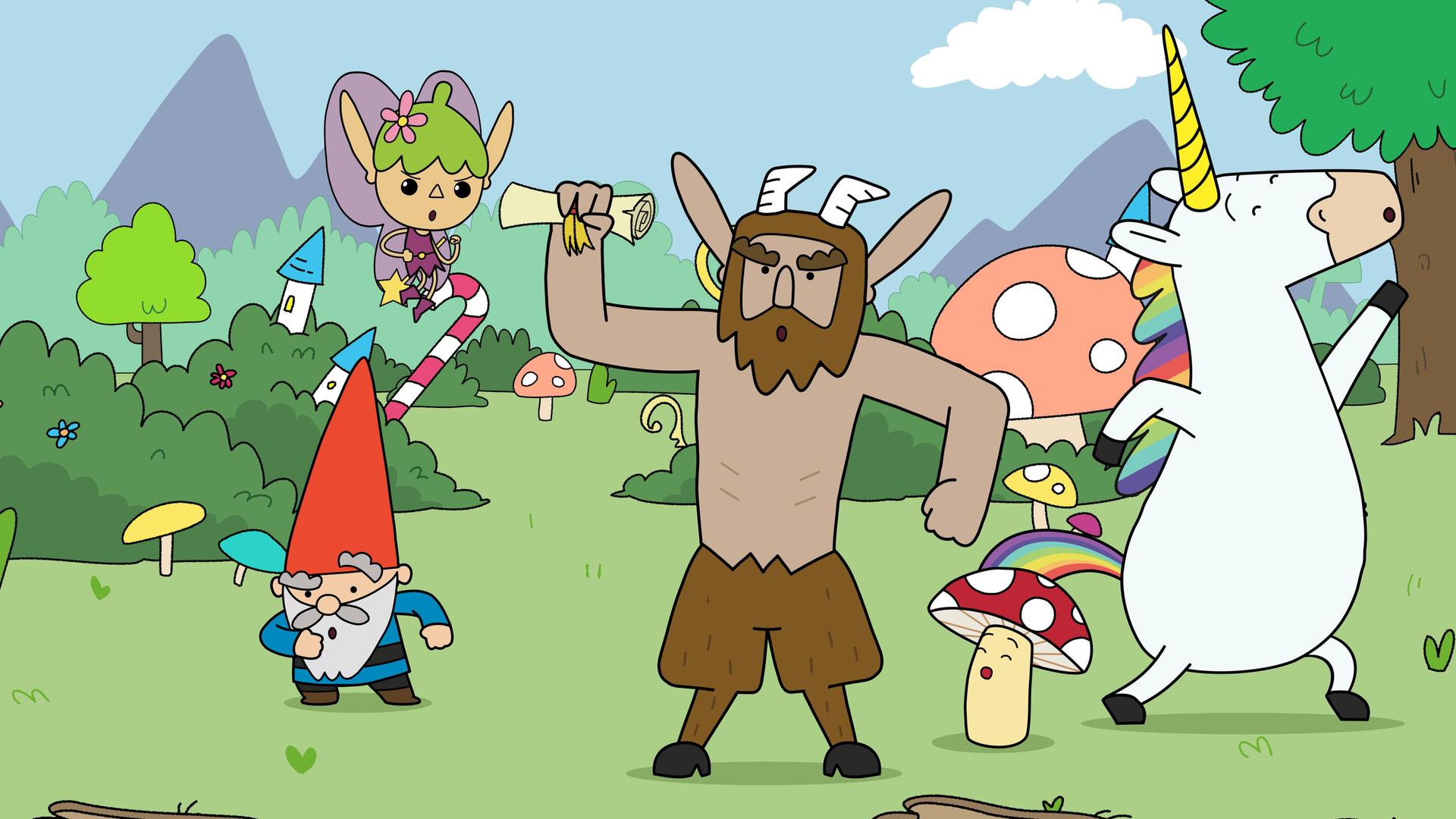 Die Helden - Herbert, Twinkle, Hufius, Tupfen und Blümchen - posen energiegeladen auf einer grünen Wiese. Alle haben den Mund rund geöffnet. Hufius hält in seiner nach oben gerichteten Hand eine Schriftrolle.