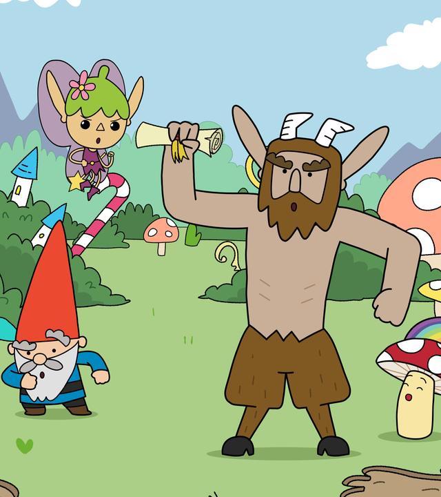 Die Helden - Herbert, Twinkle, Hufius, Tupfen und Blümchen - posen energiegeladen auf einer grünen Wiese. Alle haben den Mund rund geöffnet. Hufius hält in seiner nach oben gerichteten Hand eine Schriftrolle.