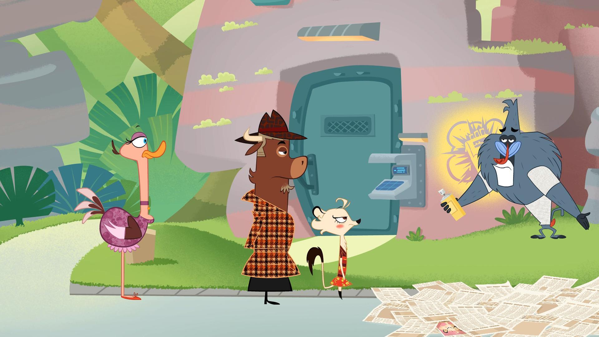 Sherlock Yack und Hermione stellen den Pavian zur Rede. Er leugnet, sich für Hermione zu interessieren. Hermione sieht sauer aus.