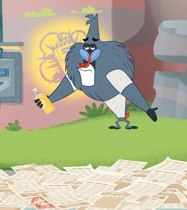 Sherlock Yack und Hermione stellen den Pavian zur Rede. Er leugnet, sich für Hermione zu interessieren. Hermione sieht sauer aus.