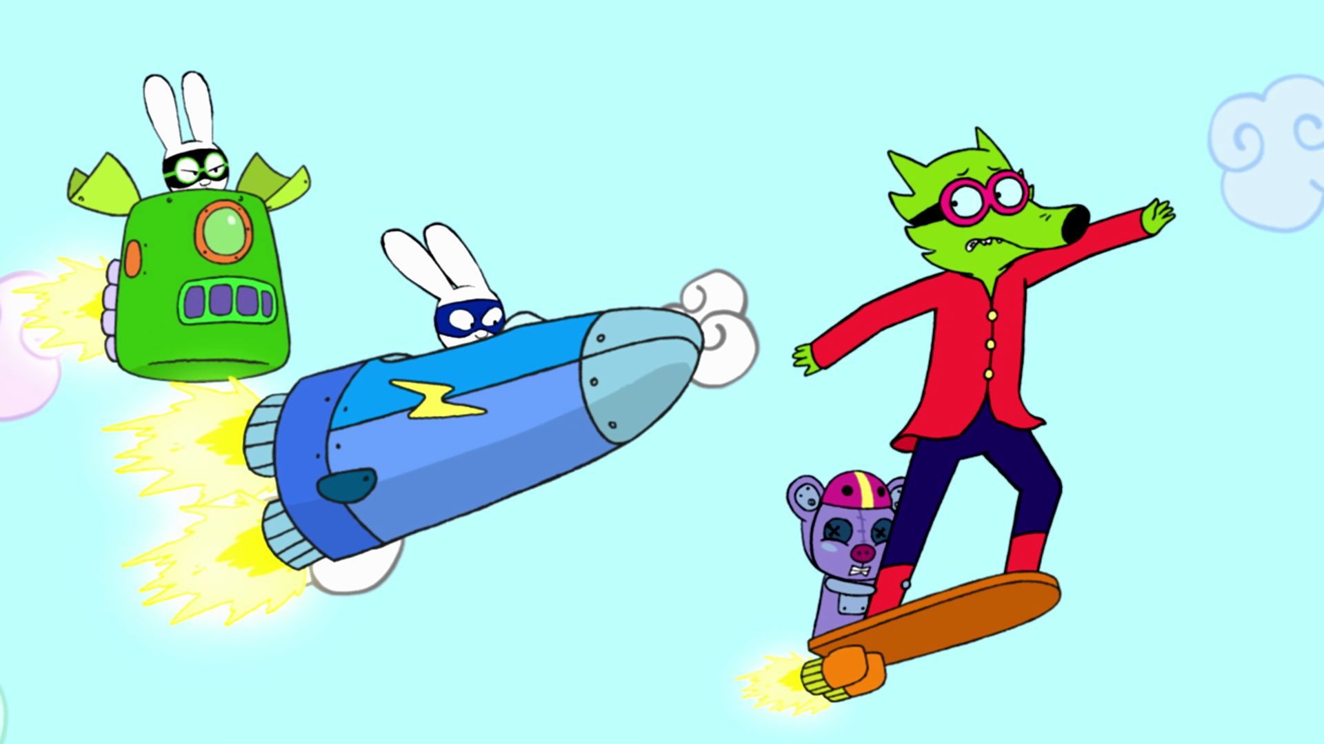 In der Fantasiewelt fliegen Super-Ferdi und Superhase mit ihren Raumschiffen durch die Lüfte. Vor ihnen fliegen Professor Wolf und sein Teddy-Roboter Mega-Mini auf einem kleinen Hoverboard davon. Professor Wolf blickt ängstlich nach hinten zu Super-Ferdi und Superhase. Mega-Mini klammert sich dabei an sein rechtes Bein.