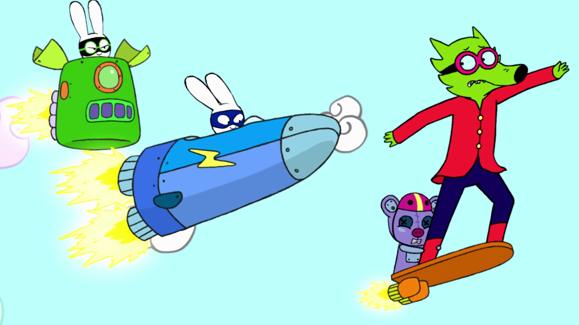 In der Fantasiewelt fliegen Super-Ferdi und Superhase mit ihren Raumschiffen durch die Lüfte. Vor ihnen fliegen Professor Wolf und sein Teddy-Roboter Mega-Mini auf einem kleinen Hoverboard davon. Professor Wolf blickt ängstlich nach hinten zu Super-Ferdi und Superhase. Mega-Mini klammert sich dabei an sein rechtes Bein.