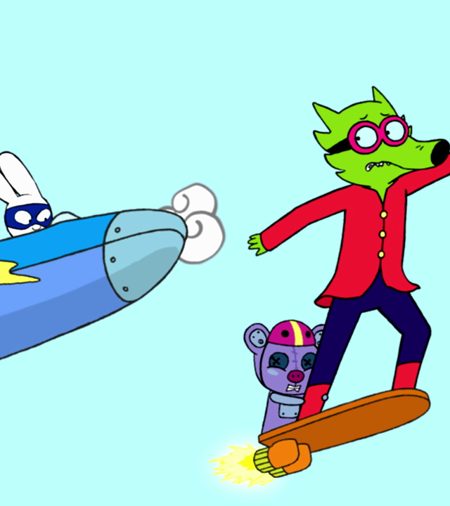 In der Fantasiewelt fliegen Super-Ferdi und Superhase mit ihren Raumschiffen durch die Lüfte. Vor ihnen fliegen Professor Wolf und sein Teddy-Roboter Mega-Mini auf einem kleinen Hoverboard davon. Professor Wolf blickt ängstlich nach hinten zu Super-Ferdi und Superhase. Mega-Mini klammert sich dabei an sein rechtes Bein.