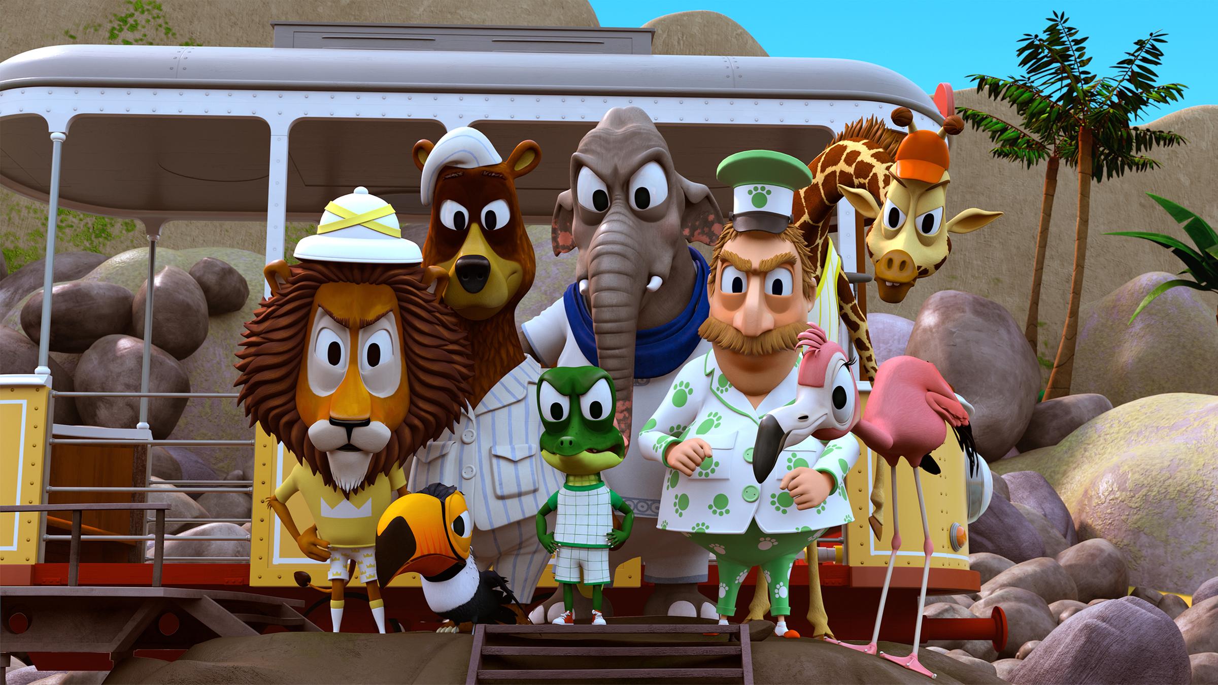 Alle Zootiere und Herr Timmer (Mitte) stehen in ihren Schlafanzügen vor der Bahn und schauen die drei Pinguine böse an.