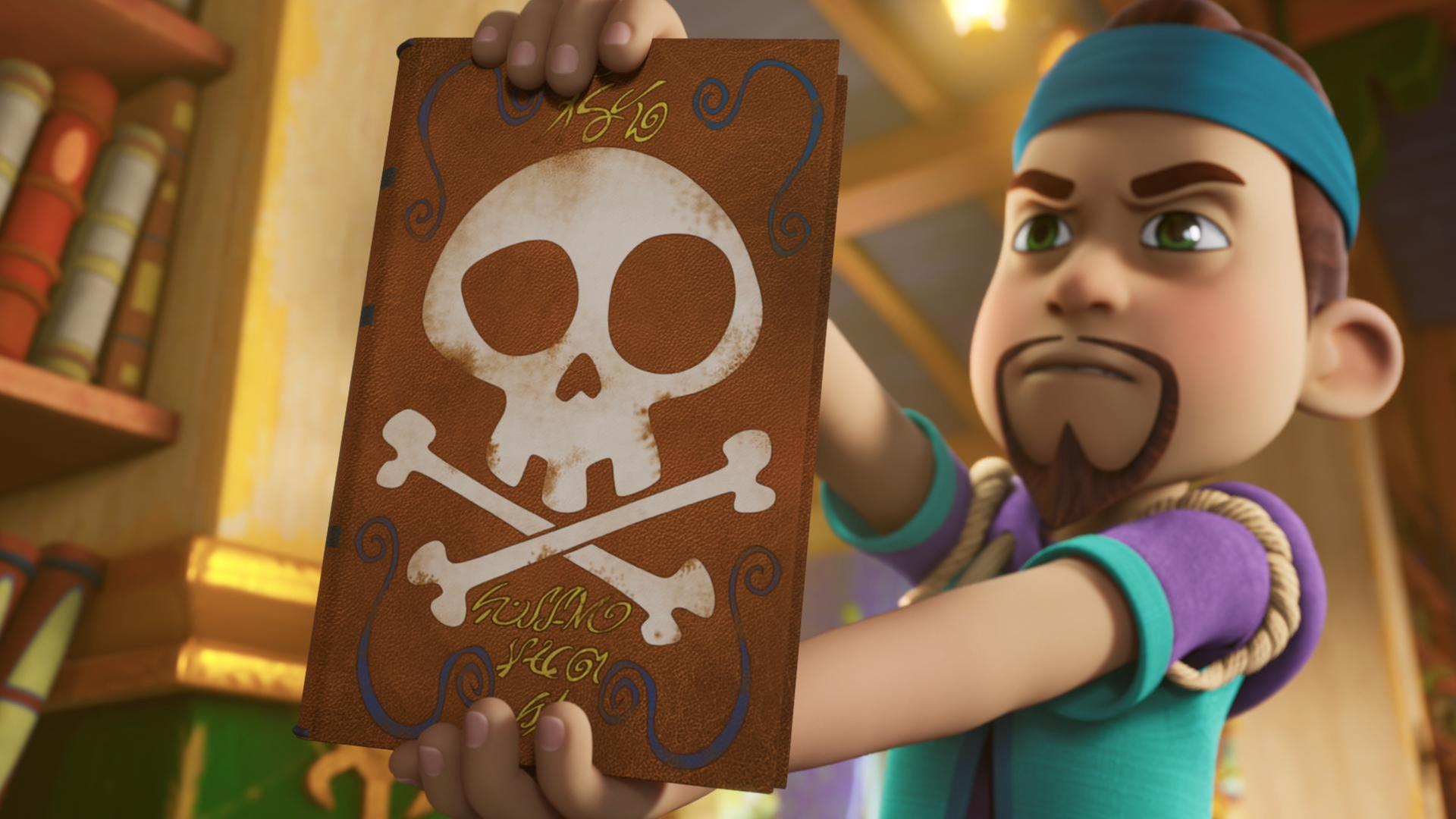 Käpt'n Yogatee hält ein Buch mit einem Totenkopf darauf nach vorne.