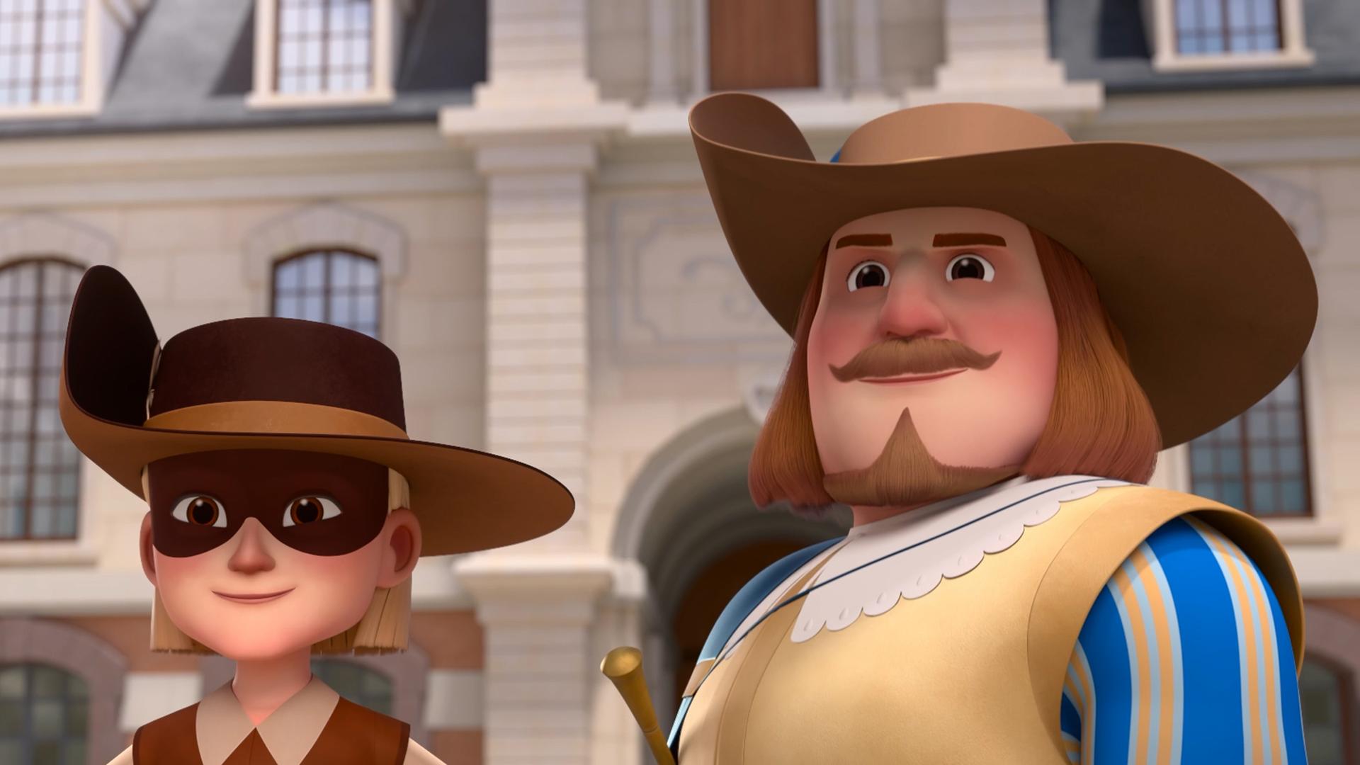 Wir sehen im Hof des Louvre den selbstbewusst grinsenden Jussac in Musketierkluft. Neben ihm steht de Tréville und schaut erstaunt.