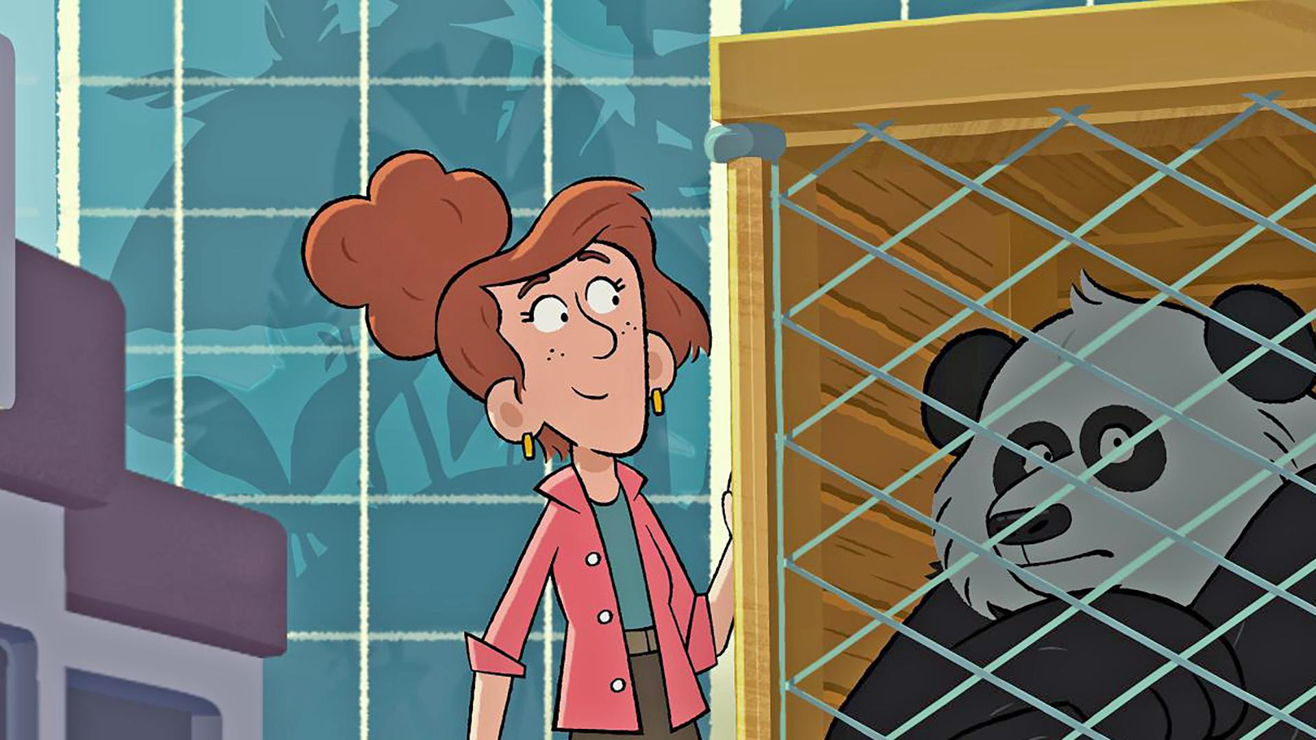 Eine Frau mit hochgesteckten Haaren steht neben einem Transporter, auf dem ein Käfig steht, in dem ein Riesenpanda sitzt. Sie schaut ihn freundlich und hoffnungsvoll an.