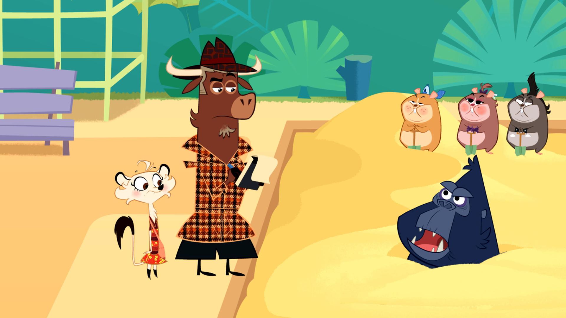 Der Gorilla steckt bis zum Hals im Sandkasten. Er ist sauer darüber, dass er engebuddelt wurde. Hermione und Sherlock Yack stehen neben dem Sandkasten und sprechen mit dem Gorilla. Sherlock Yack macht sich konzentriert Notizen in sein Ringheft.