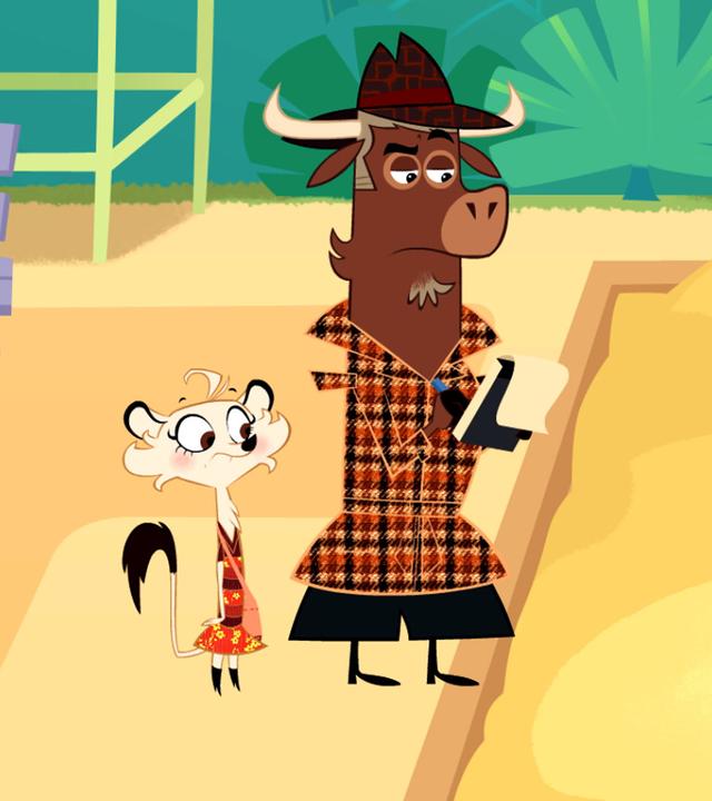 Der Gorilla steckt bis zum Hals im Sandkasten. Er ist sauer darüber, dass er engebuddelt wurde. Hermione und Sherlock Yack stehen neben dem Sandkasten und sprechen mit dem Gorilla. Sherlock Yack macht sich konzentriert Notizen in sein Ringheft.