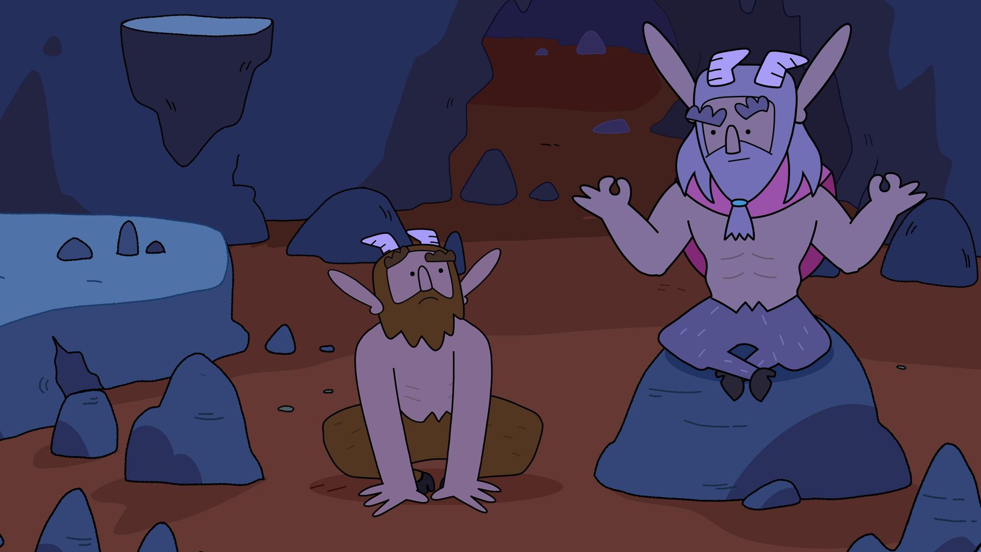 In einer Höhle sitzt Hufius im Schneidersitz auf dem Boden. Rechts neben ihm sitzt der silberne Faun ebenfalls im Schneidersitz in Meditationspose auf einem Stein.