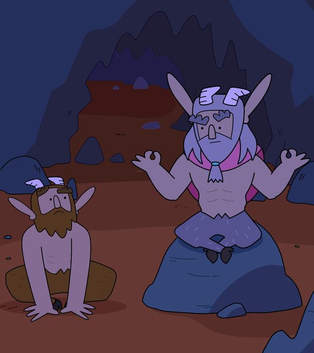 In einer Höhle sitzt Hufius im Schneidersitz auf dem Boden. Rechts neben ihm sitzt der silberne Faun ebenfalls im Schneidersitz in Meditationspose auf einem Stein.