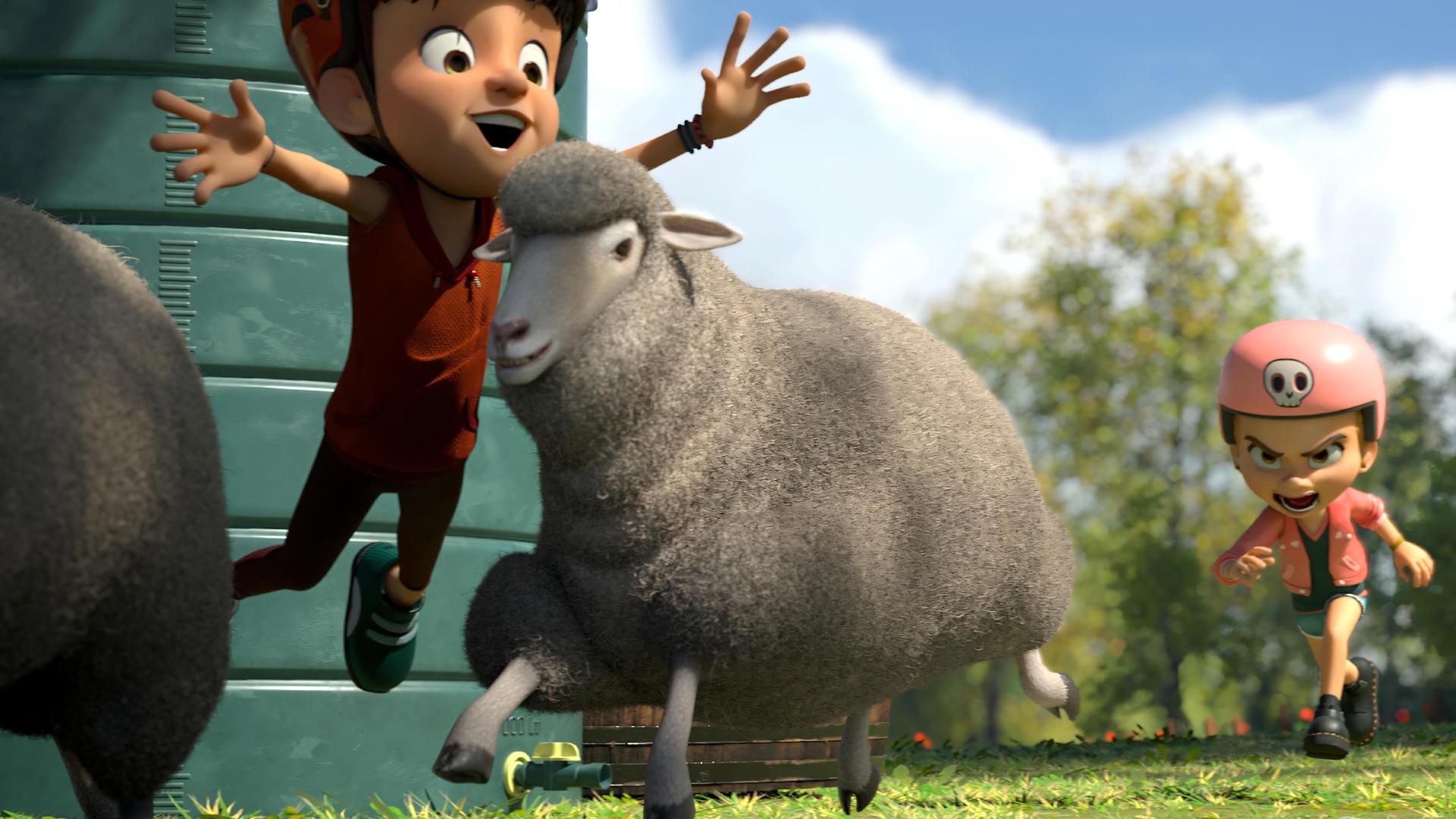 Auf einer Wiese liefern sich die beiden Mädchen Bohnenstange und Marie einen Wettstreit im Bockspringen über Schafe. Beide Mädchen tragen zum Schutz Fahrradhelme. Bohnenstange hebt gerade zum Sprung über ein vorbeirennendes Schaf an. Marie kommt mit entschlossenem und kampfbereitem Gesichtsausdruck von hinten angerannt.