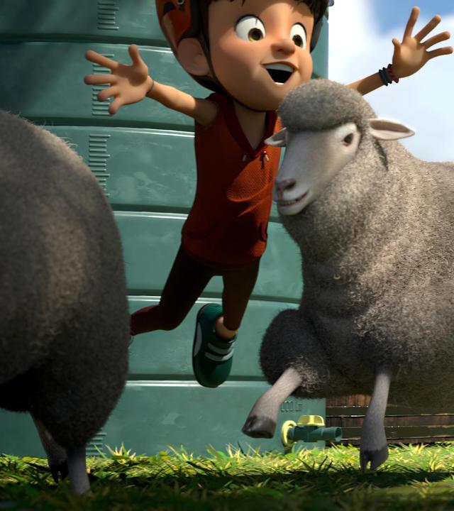 Auf einer Wiese liefern sich die beiden Mädchen Bohnenstange und Marie einen Wettstreit im Bockspringen über Schafe. Beide Mädchen tragen zum Schutz Fahrradhelme. Bohnenstange hebt gerade zum Sprung über ein vorbeirennendes Schaf an. Marie kommt mit entschlossenem und kampfbereitem Gesichtsausdruck von hinten angerannt.