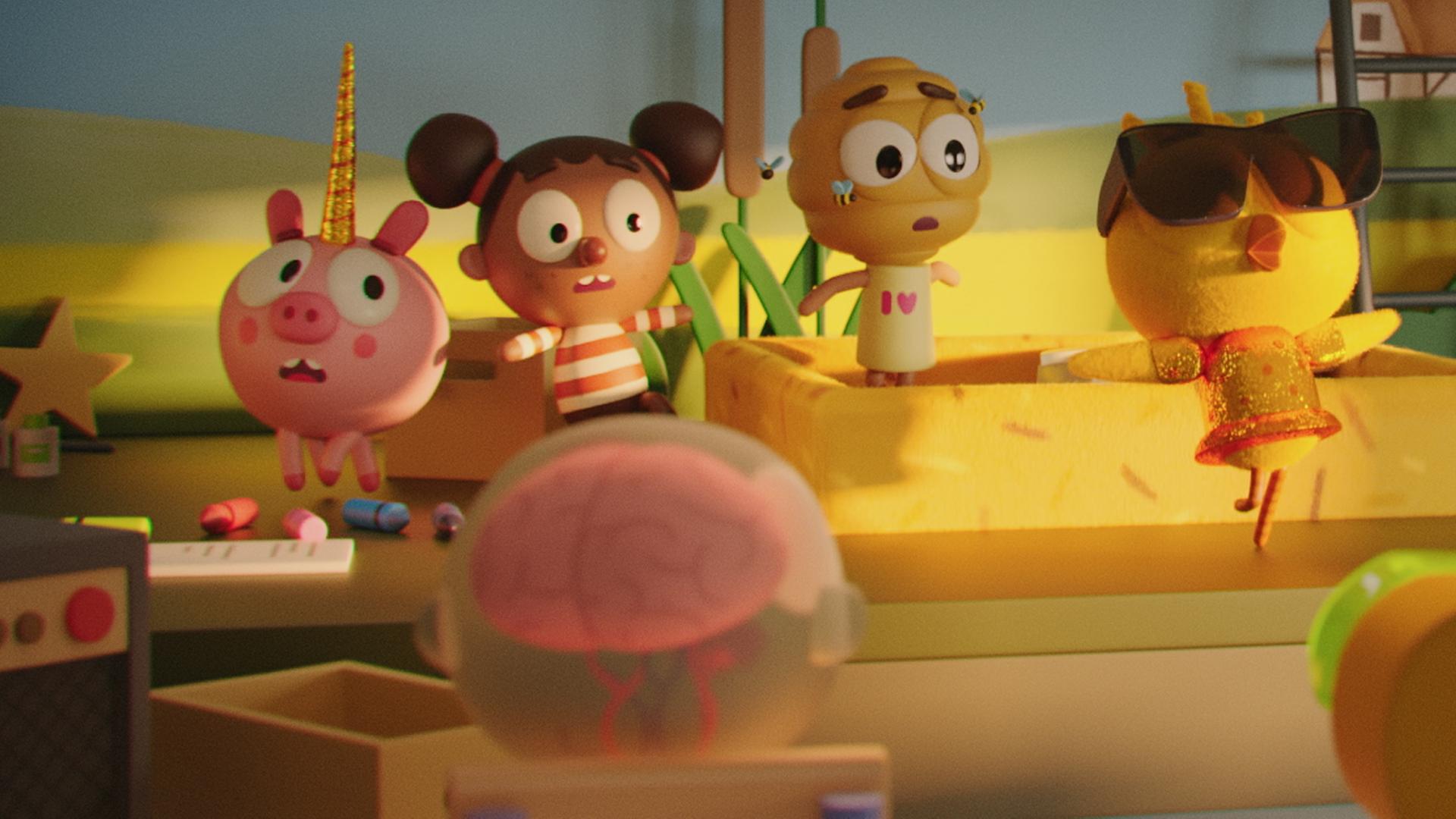 Küken Karla steht in der Mitte einer Bauernhofkulisse. Sie trägt ein glitzerndes Kleid und eine große Sonnenbrille. Vor der Bühne stehen Tessa, der durchsichtige Körper, Roboter Robbie und die Roboter-Lehrerin. Hinten auf der Bühne stehen das Einhorn-Schwein Ophelia, Mitschülerin Alex und das Bienenstock-Mädchen Flora. Die drei schauen erschrocken zu Karla, die wild auf der Bühne tanzt.