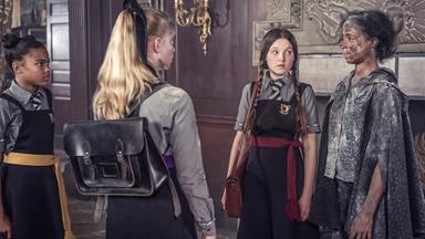 Mildred (2. von rechts), Edith (links) und Esther (Mitte) schauen alle zu einer verschmutzten Indigo (rechts).