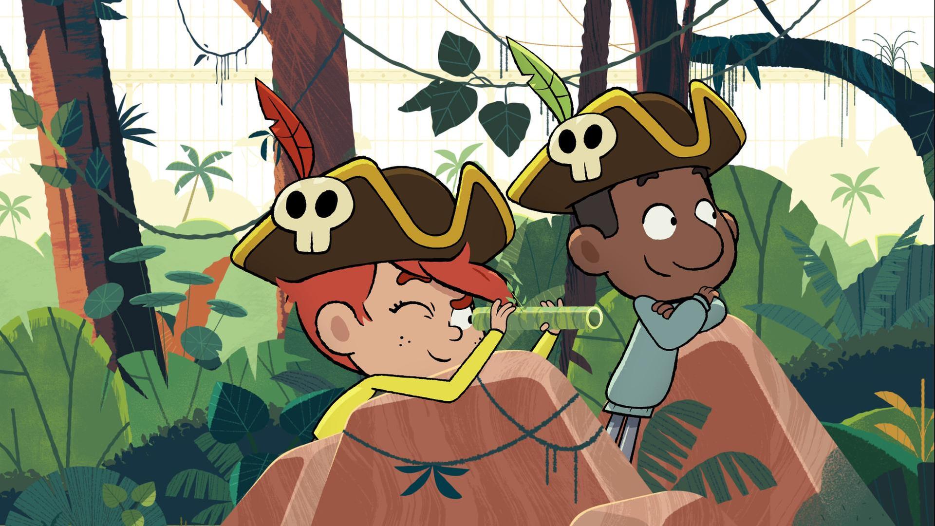 Taylor schaut durch ein Fernrohr. Daneben steht Tommy, der in die gleiche Richtung schaut. Beide lehnen an einem Felsen und tragen einen Piratenhut.