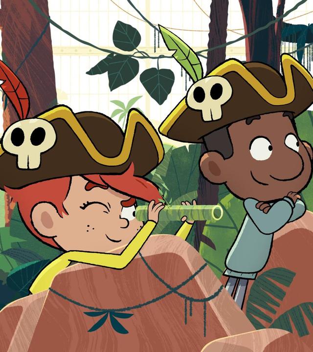 Taylor schaut durch ein Fernrohr. Daneben steht Tommy, der in die gleiche Richtung schaut. Beide lehnen an einem Felsen und tragen einen Piratenhut.