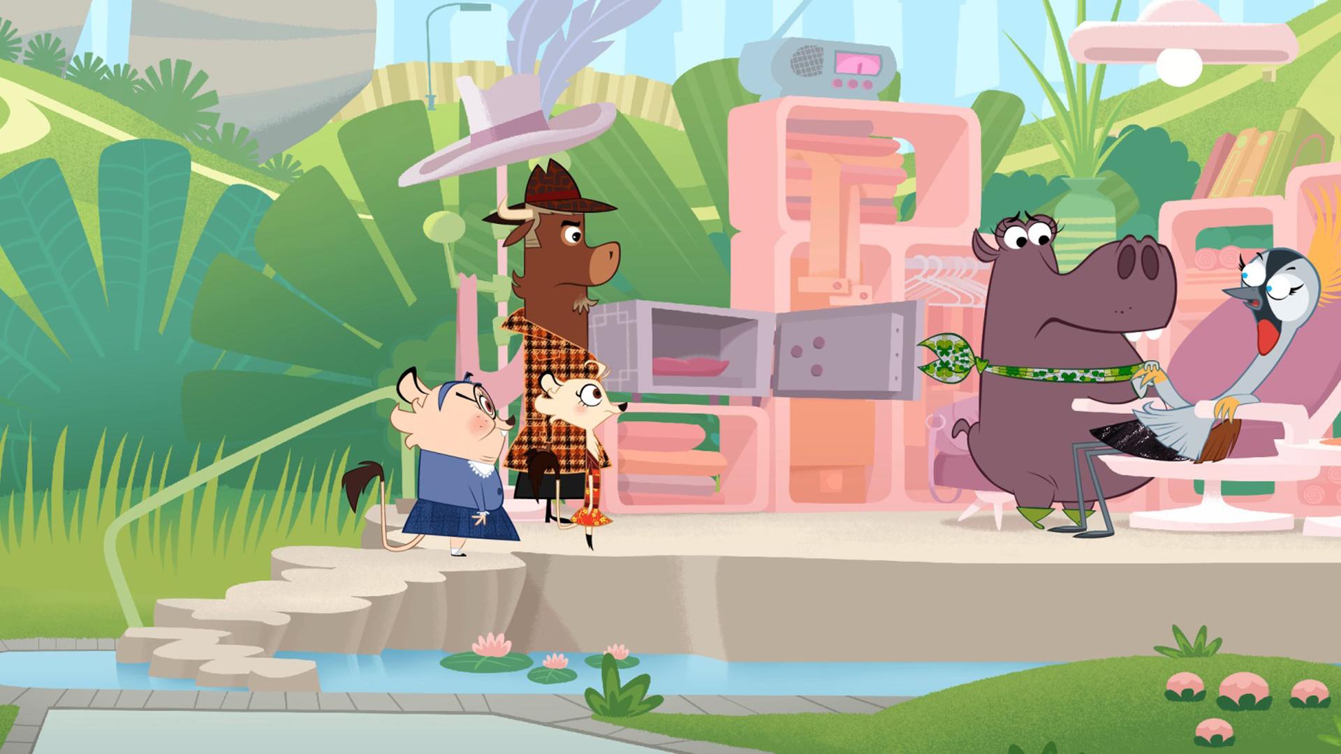 La Kranich liegt geschockt und erschöpft auf einem Stuhl. Sherlock Yack und Hermione befragen sie mit etwas Abstand. Die Tiere sehen besorgt aus.