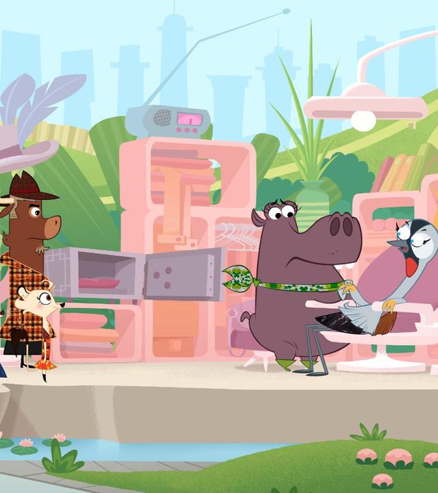 La Kranich liegt geschockt und erschöpft auf einem Stuhl. Sherlock Yack und Hermione befragen sie mit etwas Abstand. Die Tiere sehen besorgt aus.