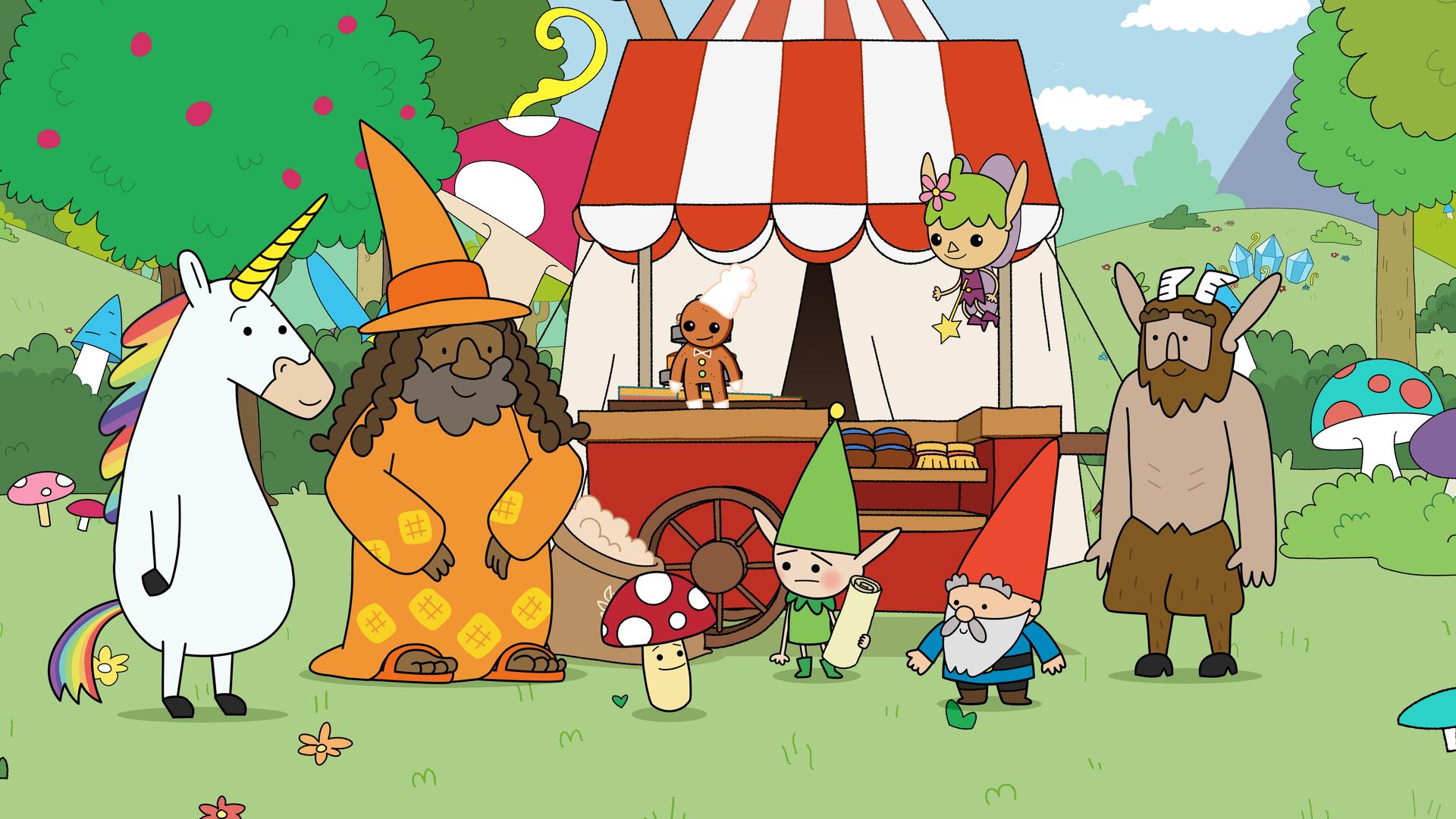 Vor einem roten Bäckerei-Verkaufswagen mit rot-weiß-gestreiftem Dach stehen Blümchen, Zauberer Zausebart, Tupfen, Meister Heiter mit Schriftrolle in der Hand, Herbert und Hufius in einer Reihe nebeneinander. Twinkle schwebt über ihnen und der kleine Lebkuchenmann steht auf dem Wagen. Alle schauen nach vorne auf die Wiese zu Tupfen.