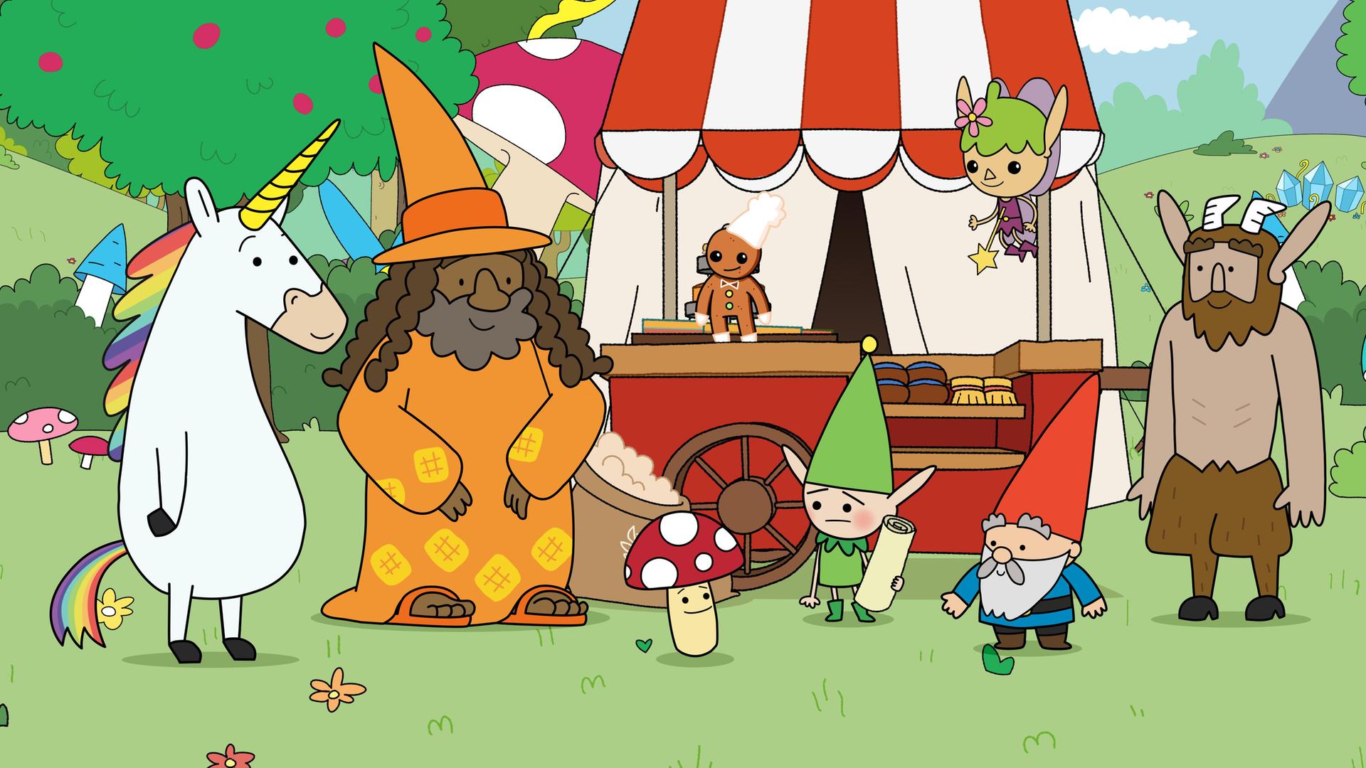 Vor einem roten Bäckerei-Verkaufswagen mit rot-weiß-gestreiftem Dach stehen Blümchen, Zauberer Zausebart, Tupfen, Meister Heiter mit Schriftrolle in der Hand, Herbert und Hufius in einer Reihe nebeneinander. Twinkle schwebt über ihnen und der kleine Lebkuchenmann steht auf dem Wagen. Alle schauen nach vorne auf die Wiese zu Tupfen.