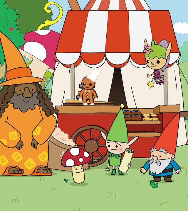 Vor einem roten Bäckerei-Verkaufswagen mit rot-weiß-gestreiftem Dach stehen Blümchen, Zauberer Zausebart, Tupfen, Meister Heiter mit Schriftrolle in der Hand, Herbert und Hufius in einer Reihe nebeneinander. Twinkle schwebt über ihnen und der kleine Lebkuchenmann steht auf dem Wagen. Alle schauen nach vorne auf die Wiese zu Tupfen.