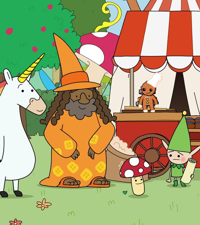 Vor einem roten Bäckerei-Verkaufswagen mit rot-weiß-gestreiftem Dach stehen Blümchen, Zauberer Zausebart, Tupfen, Meister Heiter mit Schriftrolle in der Hand, Herbert und Hufius in einer Reihe nebeneinander. Twinkle schwebt über ihnen und der kleine Lebkuchenmann steht auf dem Wagen. Alle schauen nach vorne auf die Wiese zu Tupfen.