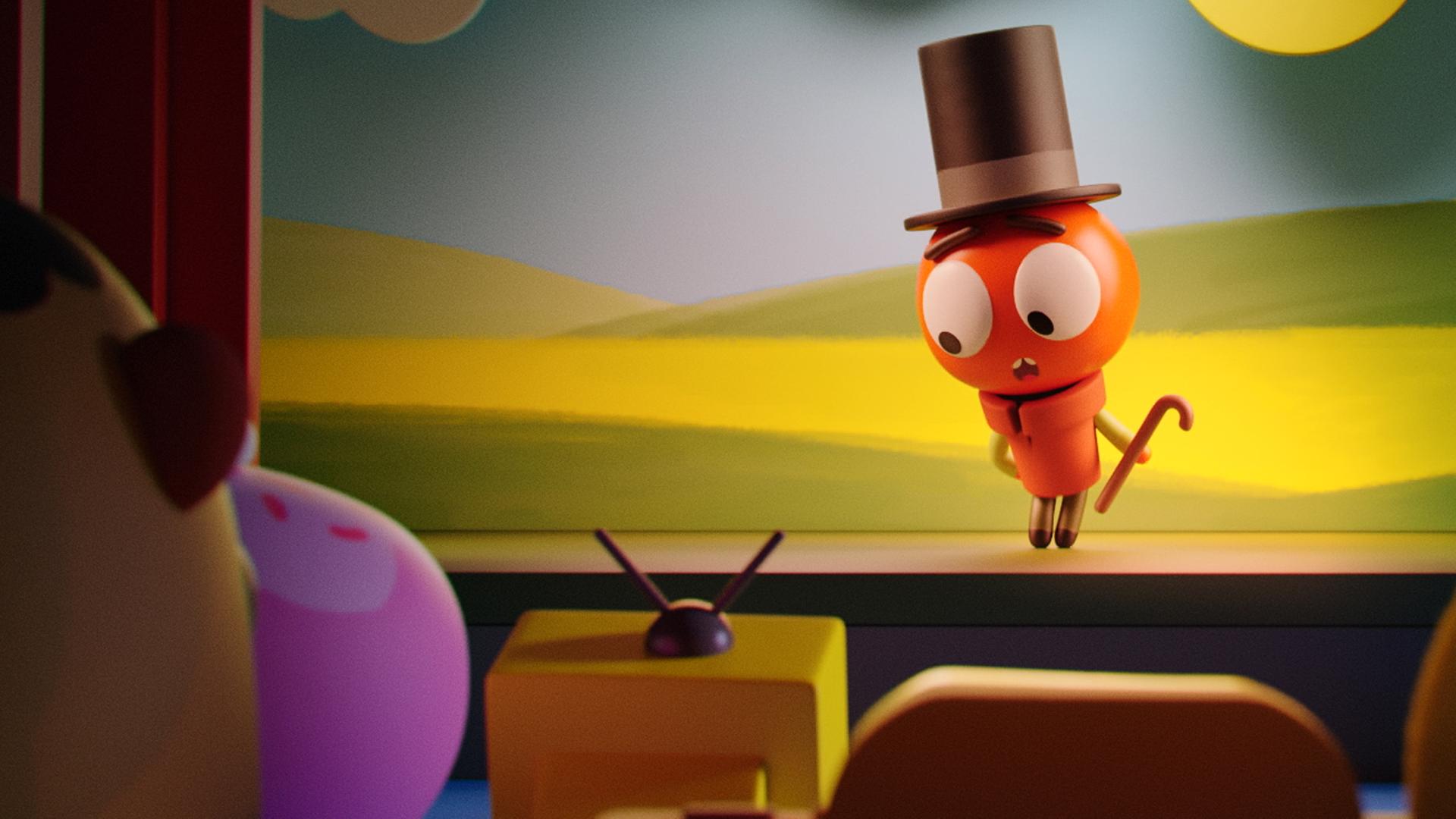 Tomaten-Junge Heinz steht mit erschrockenem Blick auf der Bühne. Er trägt einen Zylinder und hält eine Gehstock in einer Hand. Der Bühnenhintergrund aus Pappe illustriert einen Bauernhof mit einer Wiese, Büschen, einer Sonne und Wolken. Das Publikum schaut Richtung Bühne zu Heinz.