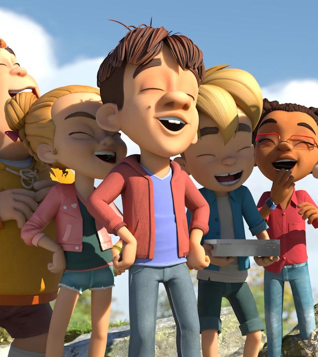 Draußen im Grünen an einem sonnigen Tag: Ausgelassen und lachend vor Freude stehen die zwei eigentlich rivalisierenden Kinderbanden geschlossen beisammen. In der Mitte steht Raphael, der ein Kästchen in den Händen hält. Um ihn herum stehen Samson, Marie, Hase, Lina, Bohnenstange und ihr jüngerer Bruder Kleiner Fuß.