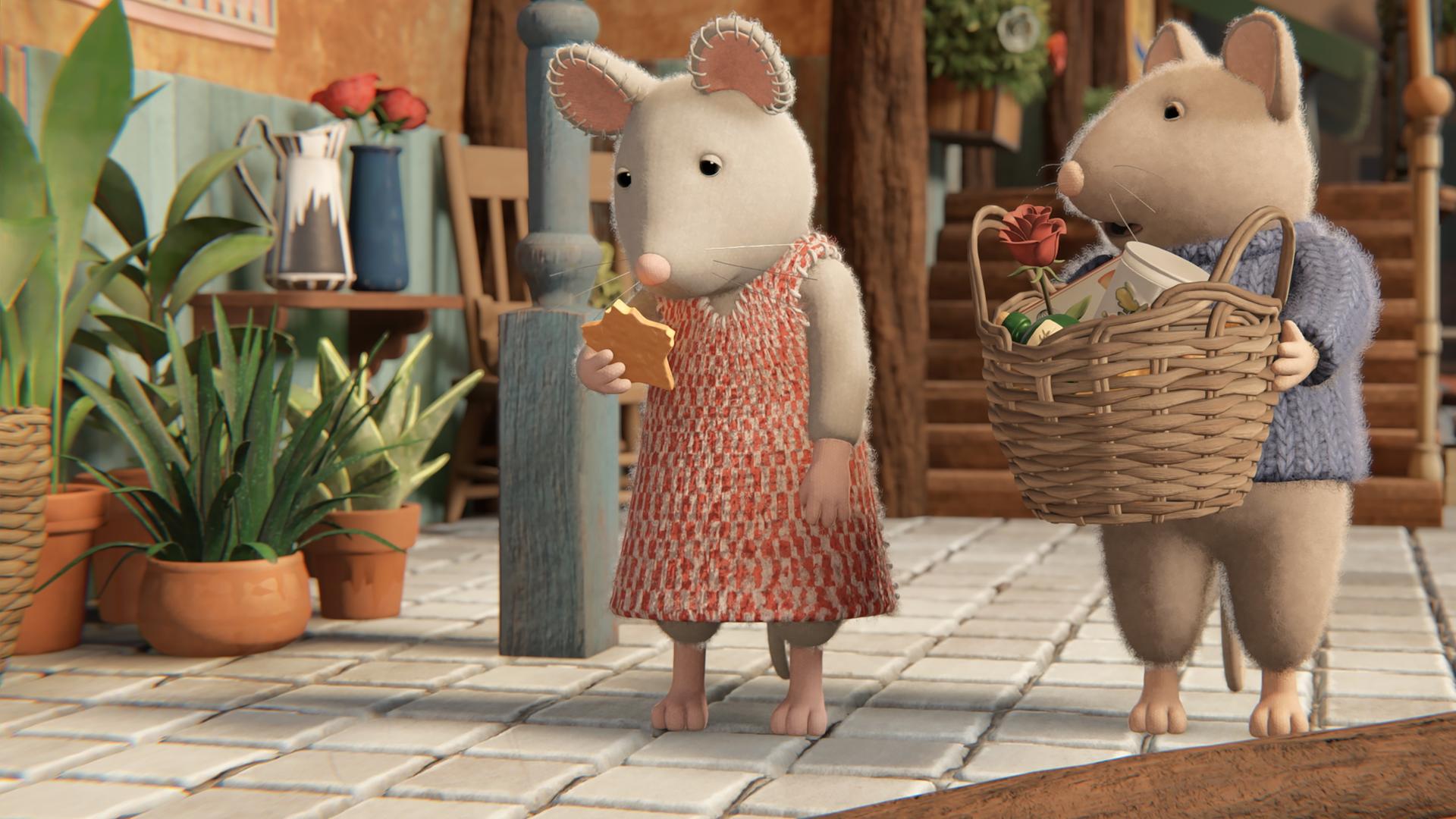 Julia schaut schuldbewusst auf den Käsestern in ihrer rechten Hand, dem eine kleine Ecke fehlt. Sam steht neben ihr und hat einen großen geflochtenen Korb in den Händen. Er sieht irritiert zu Julia. Die beiden stehen im Eingangsbereich des Mäusehauses. Links sind Topfpflanzen, im Hintergrund Holztreppen zu sehen.