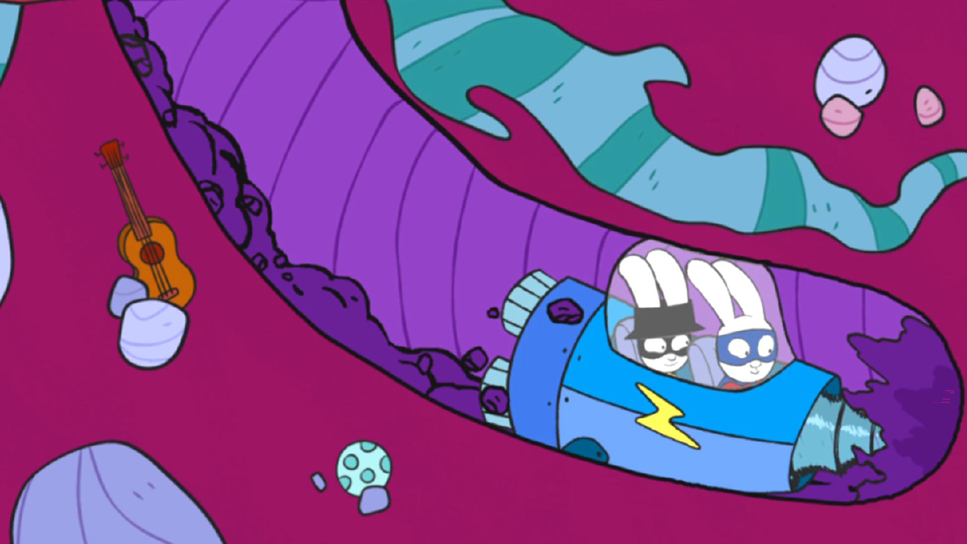 In der Fantasiewelt bohren sich Captain Hase und Superhase in ihrem Raumschiff durchs Erdreich. Unter der Erde liegen eine Gitarre, ein Ball und ganz viele Steine vergraben.