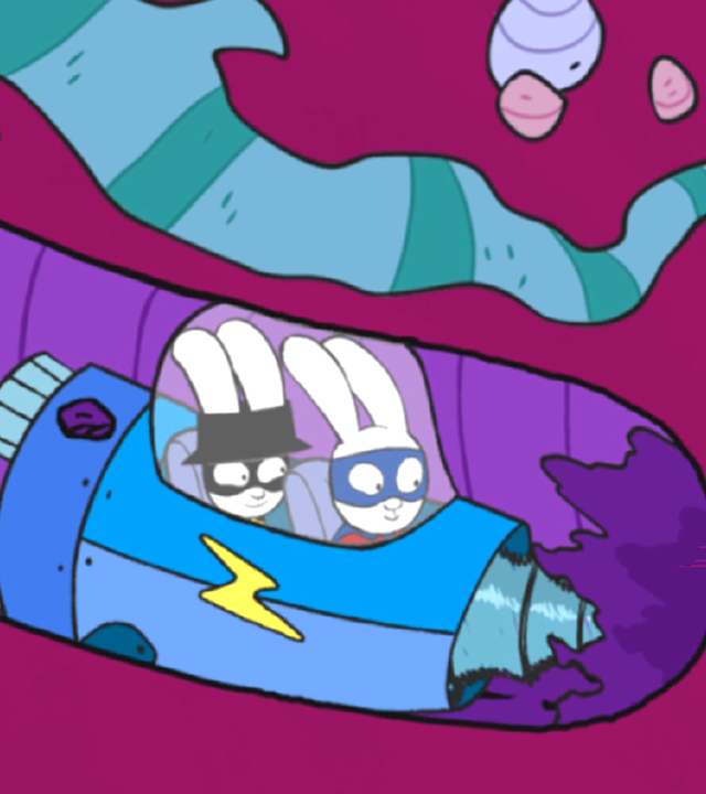 In der Fantasiewelt bohren sich Captain Hase und Superhase in ihrem Raumschiff durchs Erdreich. Unter der Erde liegen eine Gitarre, ein Ball und ganz viele Steine vergraben.