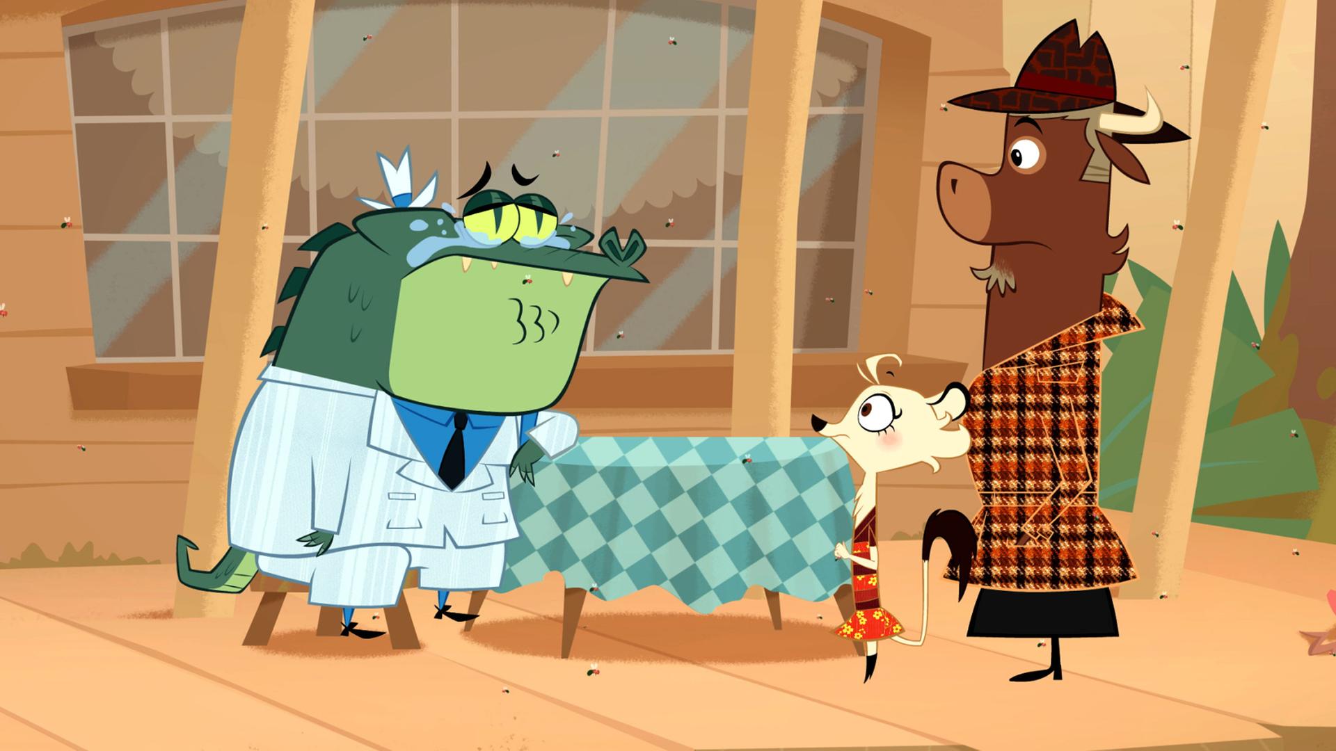 Das Krokodil weint bittere Krokodilstränen. Es ist traurig über sein zerstörtes Sparschwein. Hermione und Sherlock befragen das Krokodil mitfühlsam.