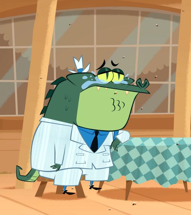 Das Krokodil weint bittere Krokodilstränen. Es ist traurig über sein zerstörtes Sparschwein. Hermione und Sherlock befragen das Krokodil mitfühlsam.