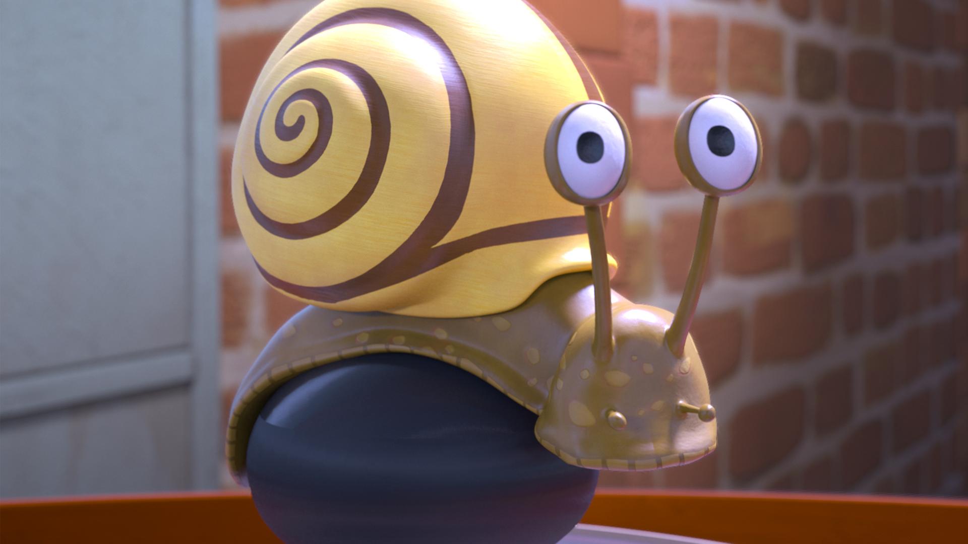 Die Schnecke Steffen hat ein gelb-braunes Schneckenhaus und schaut einen mit großen Augen an.