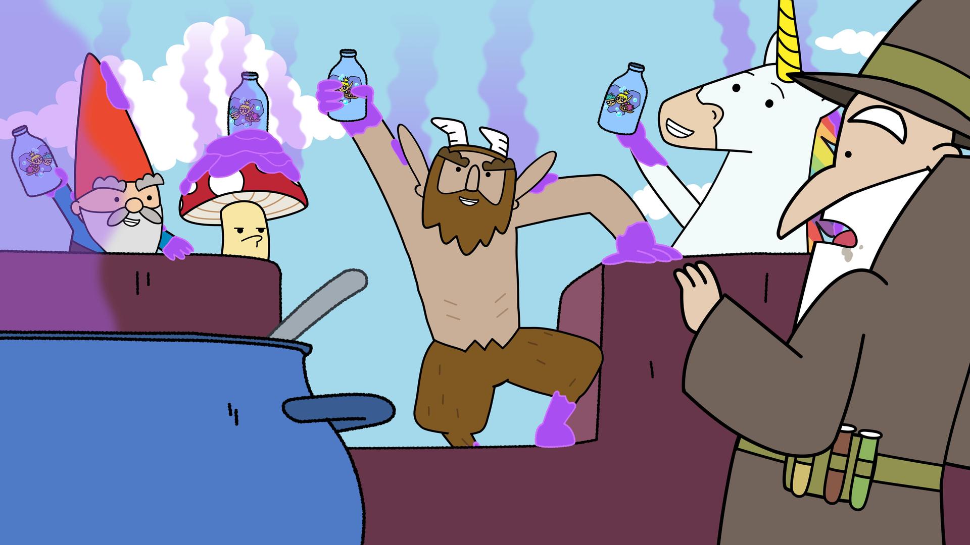 Oben auf Burgzinnen stehen die Helden - Herbert, Tupfen, Hufius und Blümchen. Alle sind voller lila Flüssigkeit, von der durchsichtig-lila Wölkchen aufsteigen. Und sie haben alle eine blaue Flasche in der Hand. Bei Tupfen, dem Pilz, steht sie auf seiner Kappe. Der Zauberer Stinkweazle, der innen hinter den Zinnen steht, ist erschreckt. Links neben ihm steht ein großer Kessel.