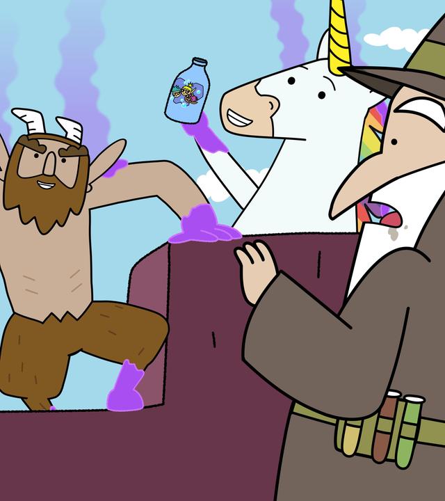 Oben auf Burgzinnen stehen die Helden - Herbert, Tupfen, Hufius und Blümchen. Alle sind voller lila Flüssigkeit, von der durchsichtig-lila Wölkchen aufsteigen. Und sie haben alle eine blaue Flasche in der Hand. Bei Tupfen, dem Pilz, steht sie auf seiner Kappe. Der Zauberer Stinkweazle, der innen hinter den Zinnen steht, ist erschreckt. Links neben ihm steht ein großer Kessel.