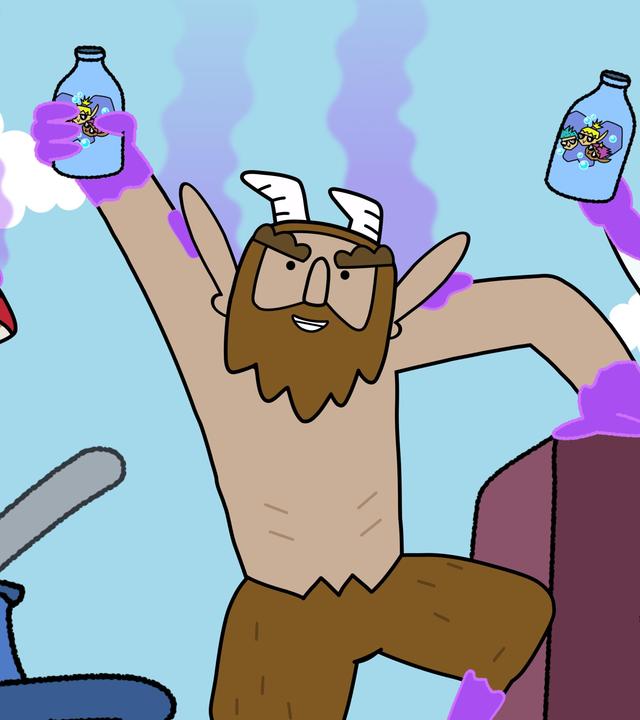 Oben auf Burgzinnen stehen die Helden - Herbert, Tupfen, Hufius und Blümchen. Alle sind voller lila Flüssigkeit, von der durchsichtig-lila Wölkchen aufsteigen. Und sie haben alle eine blaue Flasche in der Hand. Bei Tupfen, dem Pilz, steht sie auf seiner Kappe. Der Zauberer Stinkweazle, der innen hinter den Zinnen steht, ist erschreckt. Links neben ihm steht ein großer Kessel.