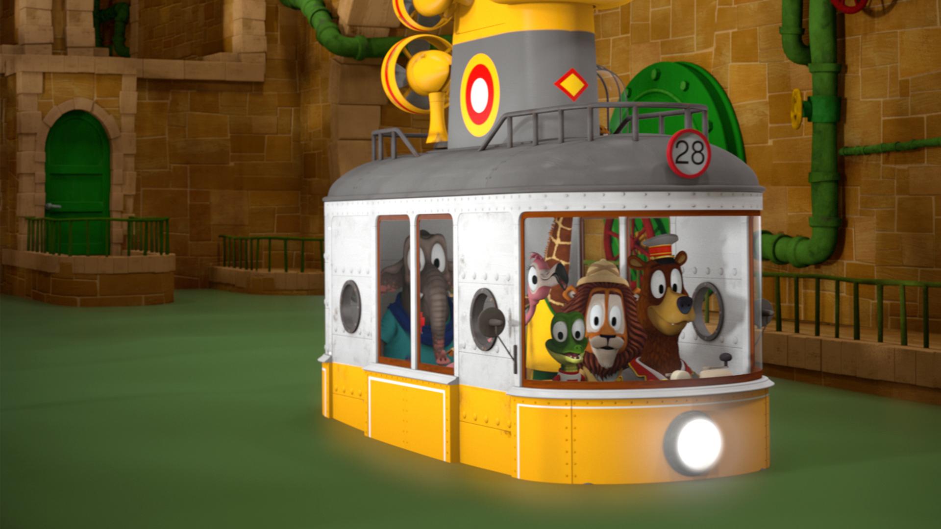 Die Zoobande sitzt in ihrer Bahn, welche durch das Wasser im Tunnelsystem fährt.