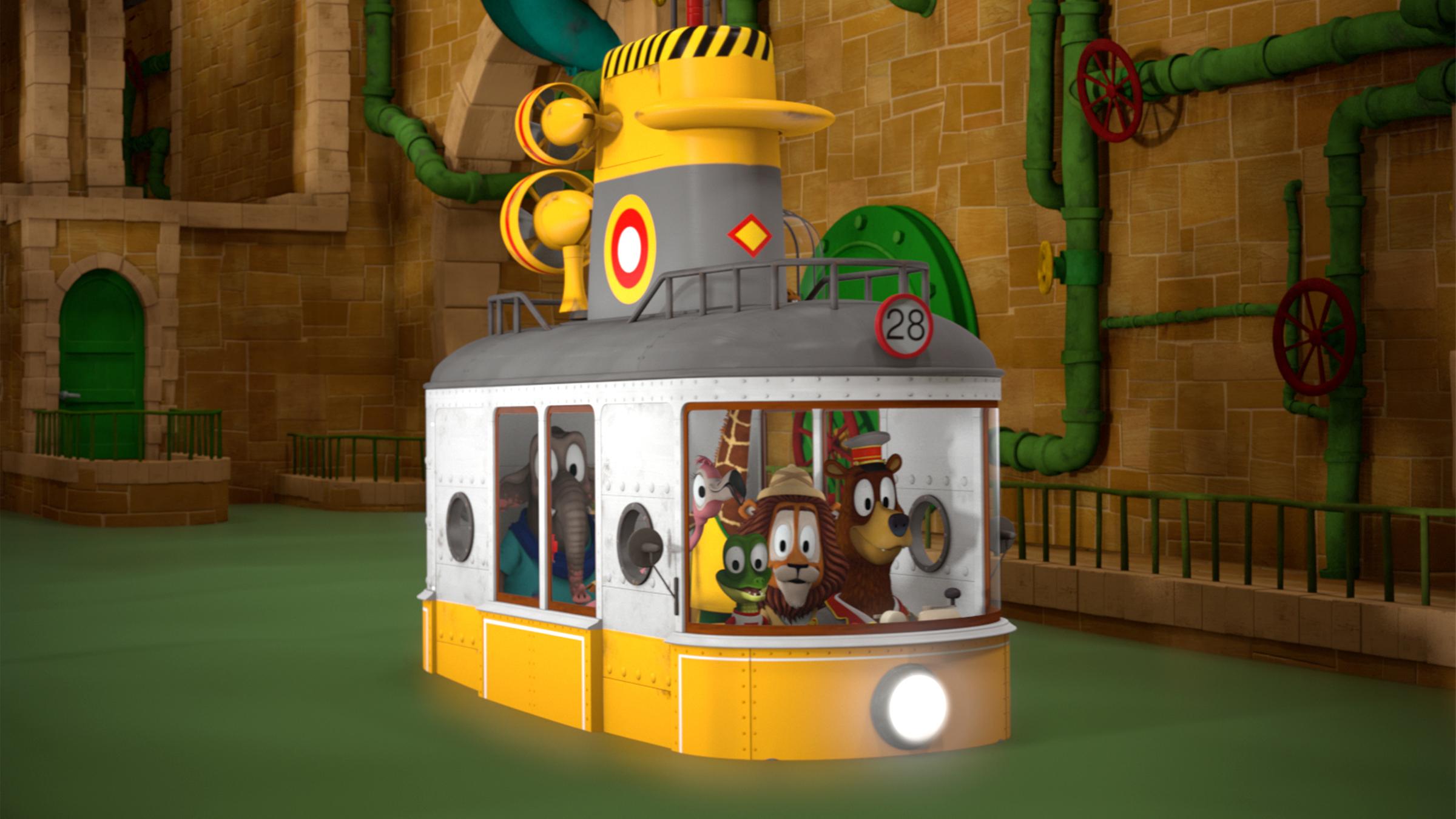 Die Zoobande sitzt in ihrer Bahn (Mitte), welche durch das Wasser im Tunnelsystem fährt.