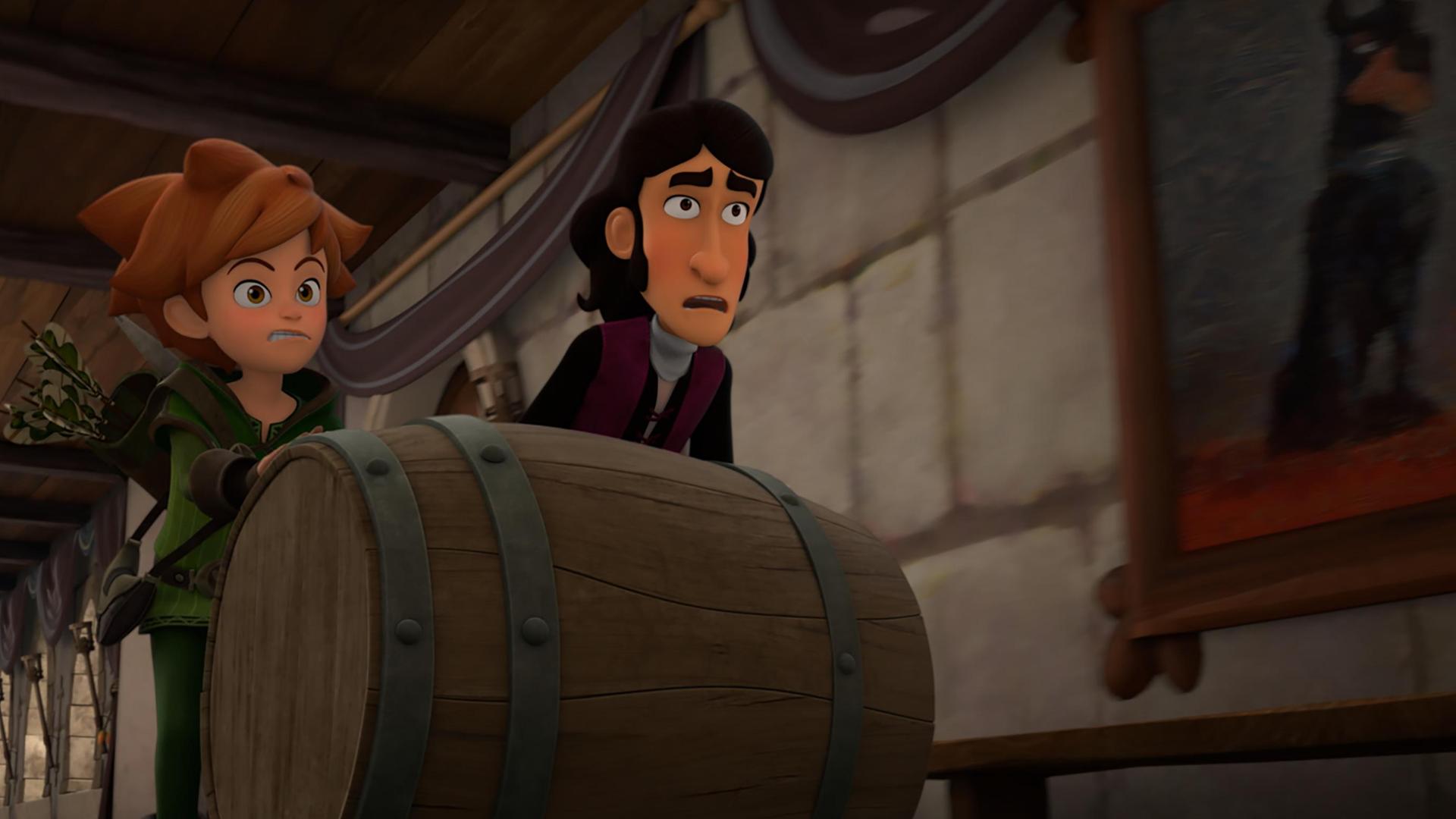 Innerhalb der Burg rollen Robin und der Illusionist Oudino Seite an Seite ein schwer wirkendes Holzfass über den Teppich einen Gang entlang. Hinter ihnen steht einer der Dobermann-Hunde des Prinzen in achtsamer Haltung.