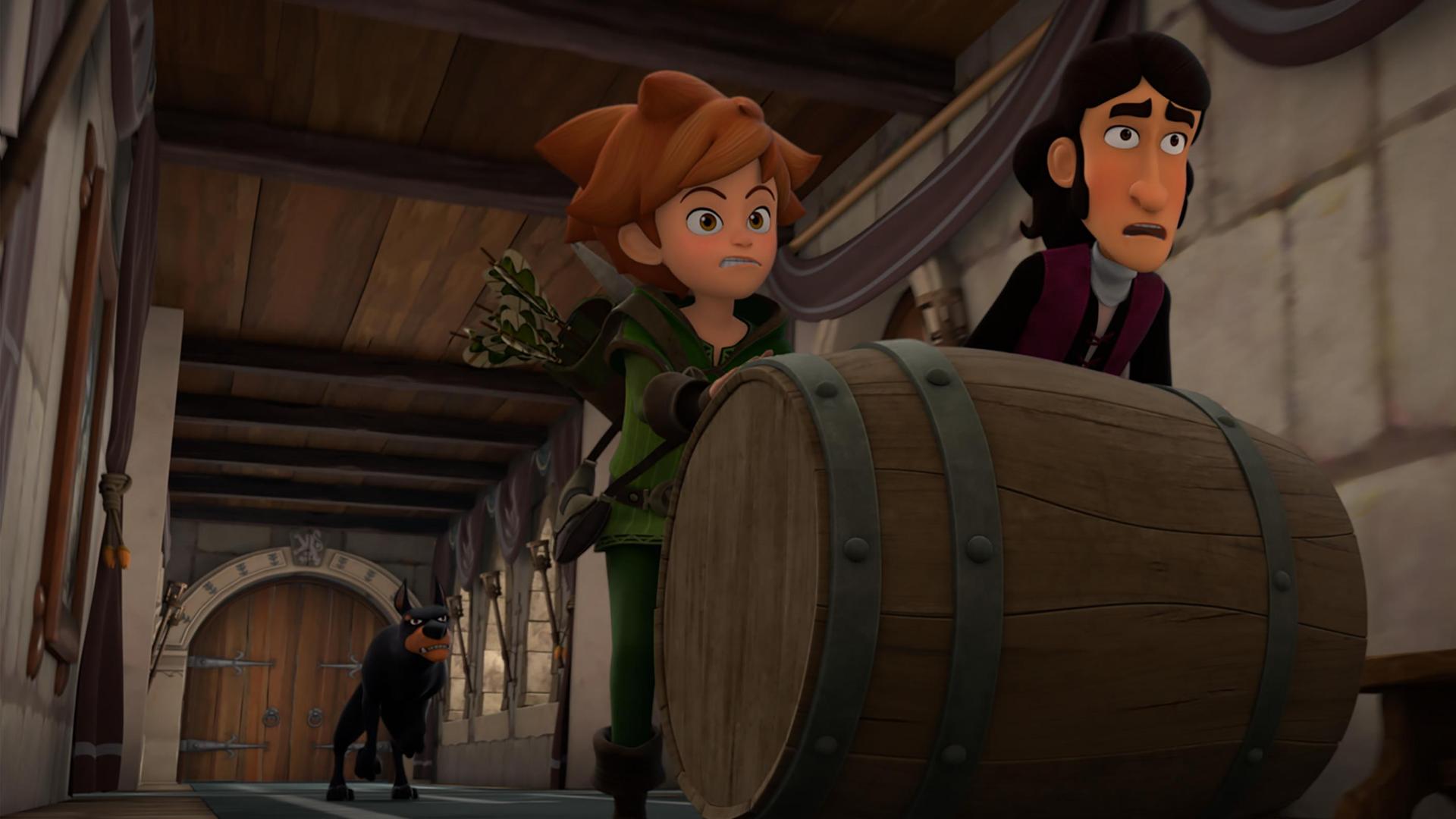 Innerhalb der Burg rollen Robin und der Illusionist Oudino Seite an Seite ein schwer wirkendes Holzfass über den Teppich einen Gang entlang. Hinter ihnen steht einer der Dobermann-Hunde des Prinzen in achtsamer Haltung.