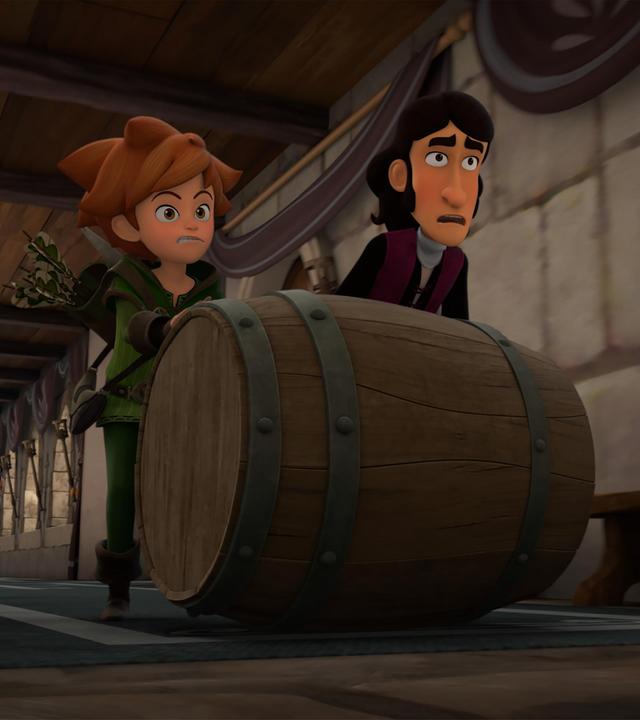 Innerhalb der Burg rollen Robin und der Illusionist Oudino Seite an Seite ein schwer wirkendes Holzfass über den Teppich einen Gang entlang. Hinter ihnen steht einer der Dobermann-Hunde des Prinzen in achtsamer Haltung.