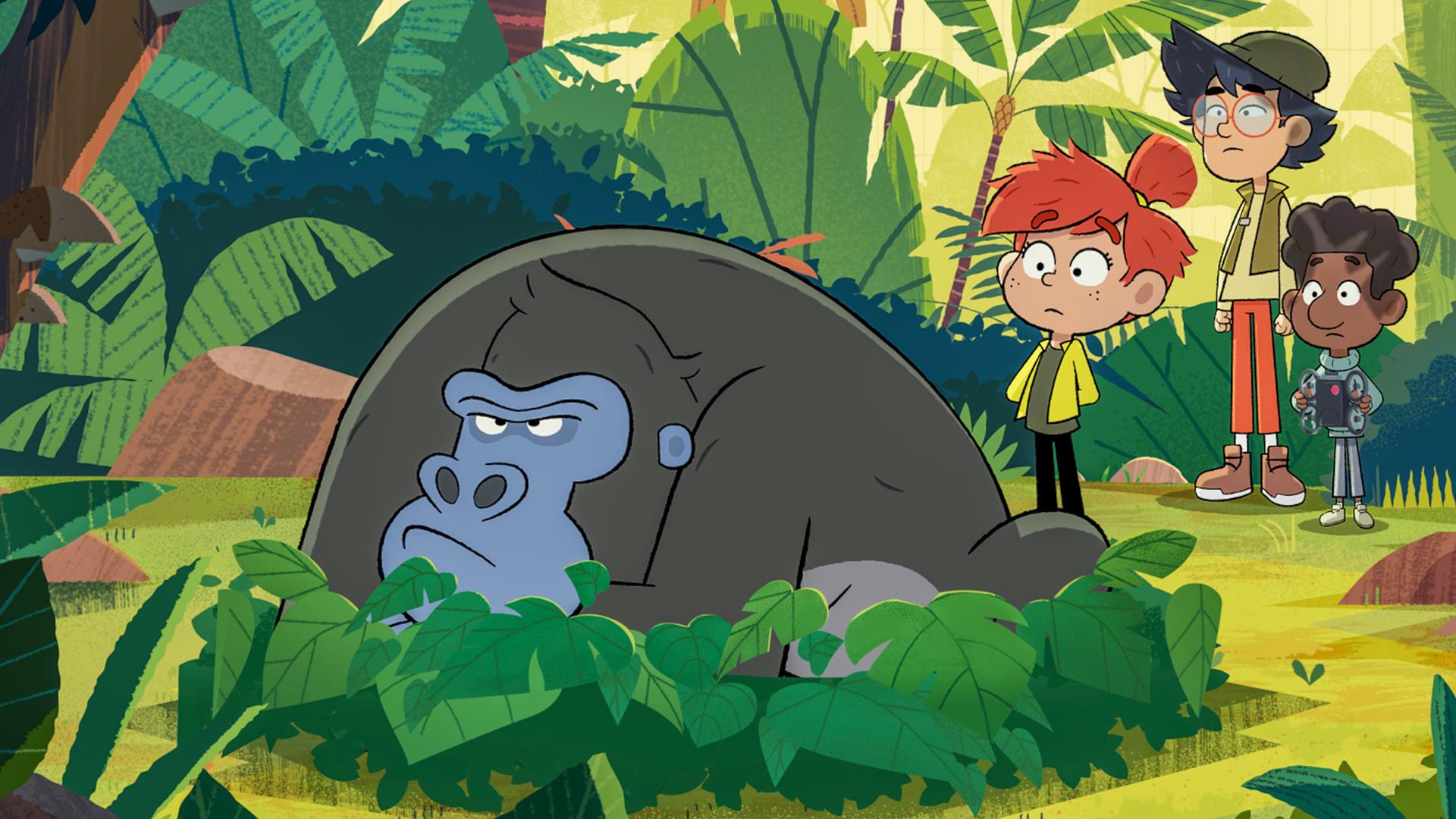  Der Gorilla Jack sitzt mit genervtem Gesicht zwischen Blättern am Boden. Hinter ihm stehen die drei Freunde Taylor, Tommy und Max mit fragenden Gesichtern. Jack dreht ihnen den Rücken zu.