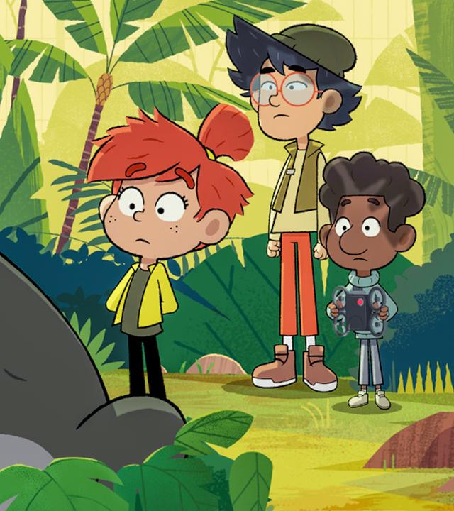  Der Gorilla Jack sitzt mit genervtem Gesicht zwischen Blättern am Boden. Hinter ihm stehen die drei Freunde Taylor, Tommy und Max mit fragenden Gesichtern. Jack dreht ihnen den Rücken zu.