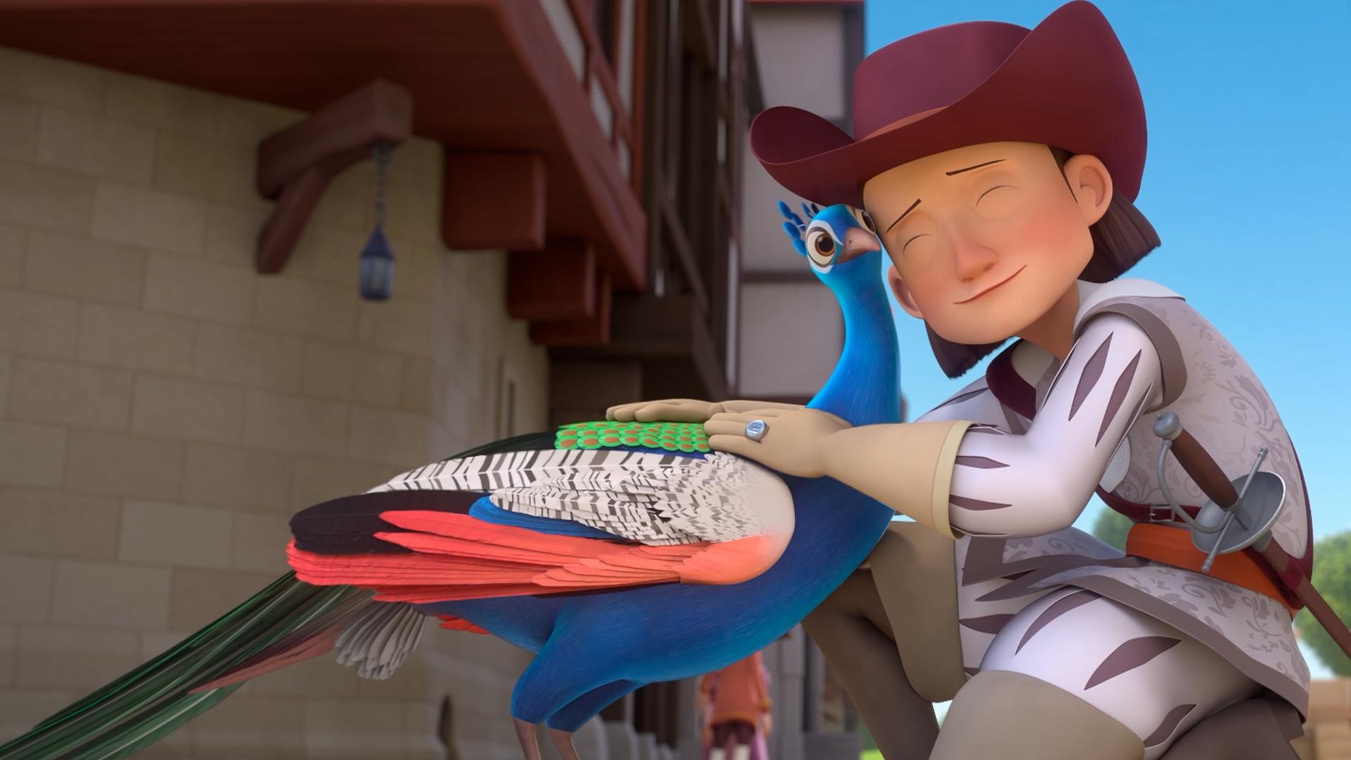 Der Herzog von Buckingham kniet erleichtert lächelnd neben einem bunten Pfau, der seinen Kopf an den Kopf des Herzoges drückt.