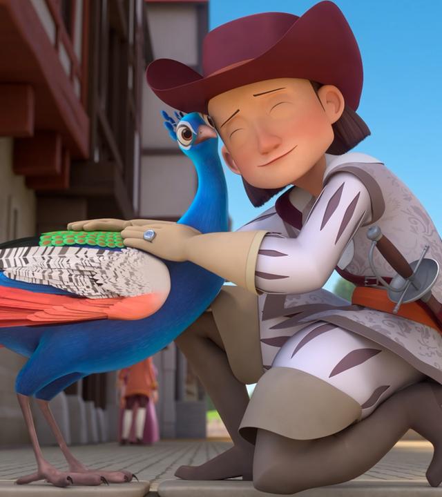 Der Herzog von Buckingham kniet erleichtert lächelnd neben einem bunten Pfau, der seinen Kopf an den Kopf des Herzoges drückt.